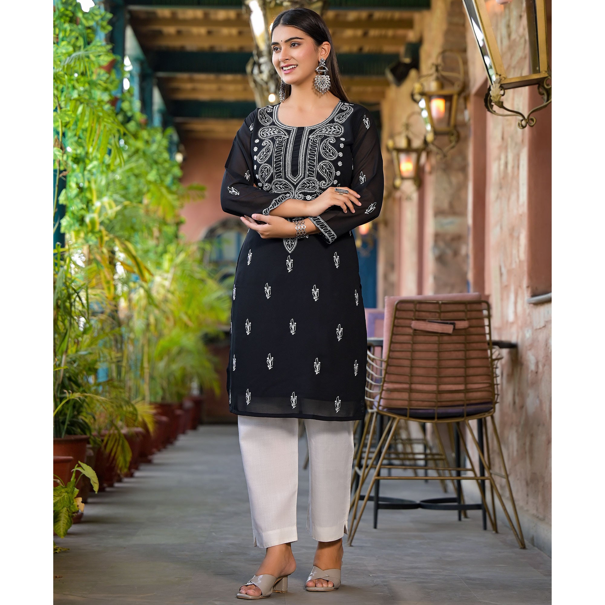 Black Embroidered Georgette Straight Kurti