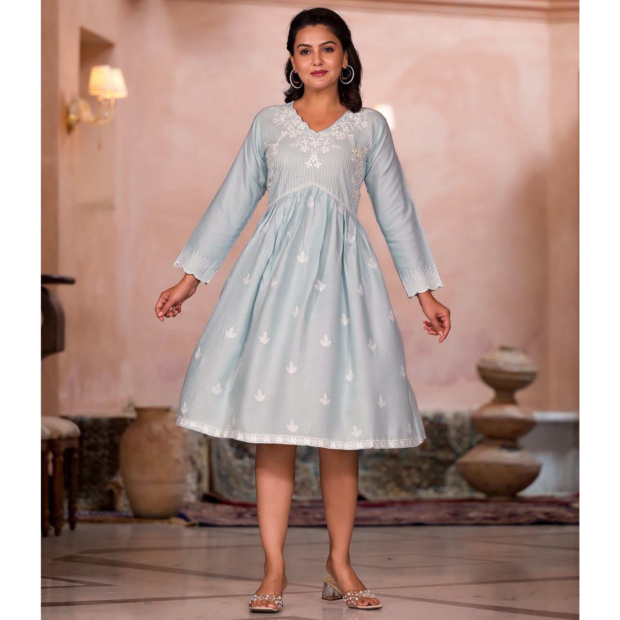 Light Turquoise Embroidered Rayon A-Line Dress