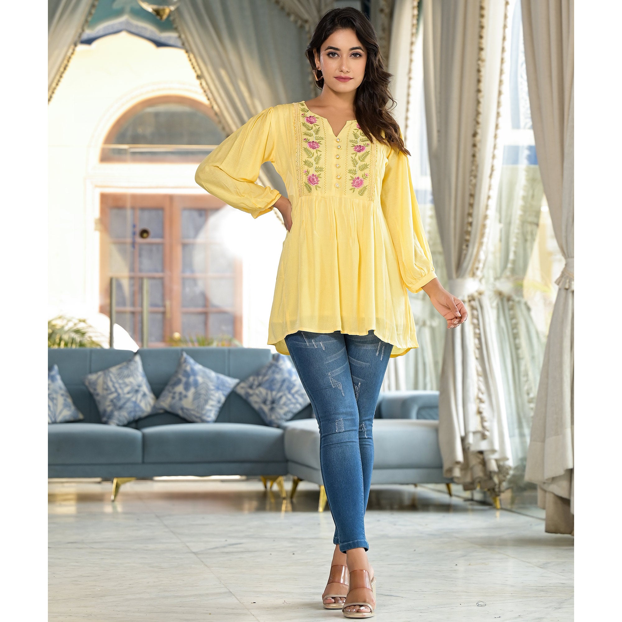 Yellow Yoke Embroidered Rayon A-Line Top