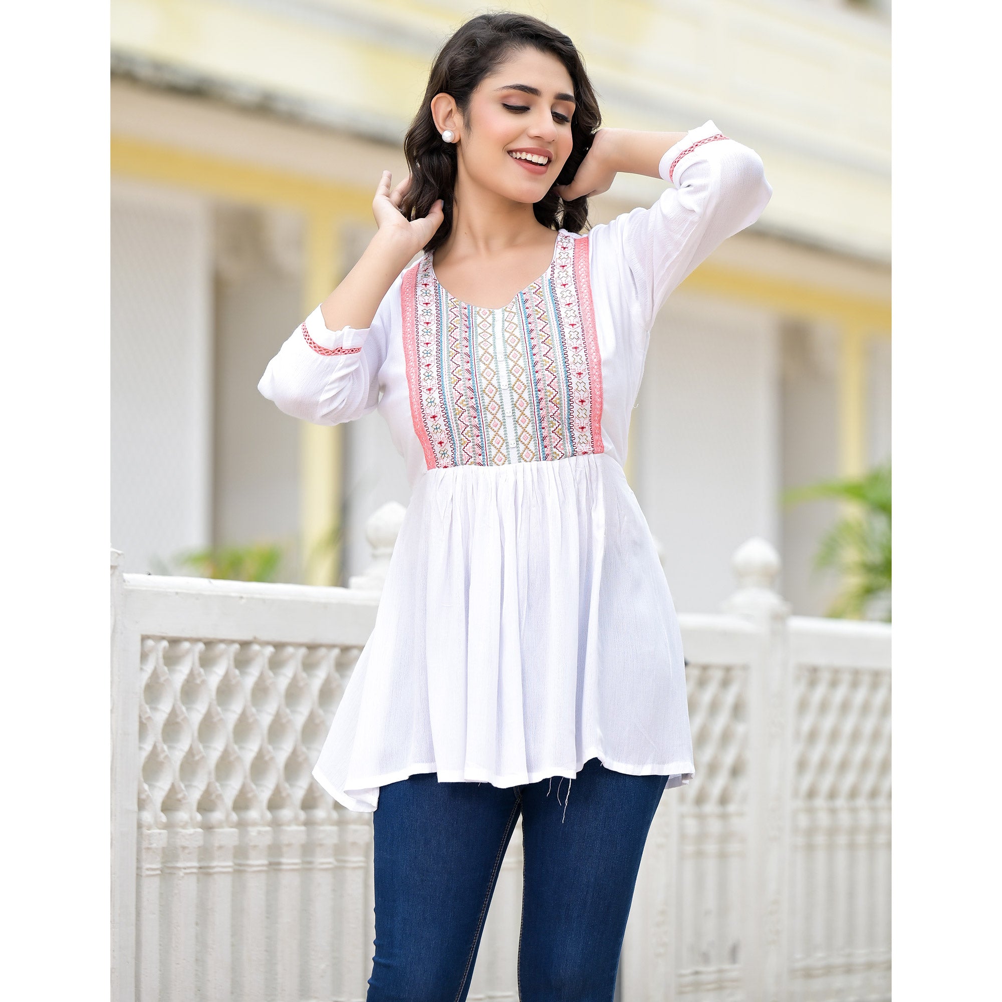 White Yoke Embroidered Rayon A-Line Top