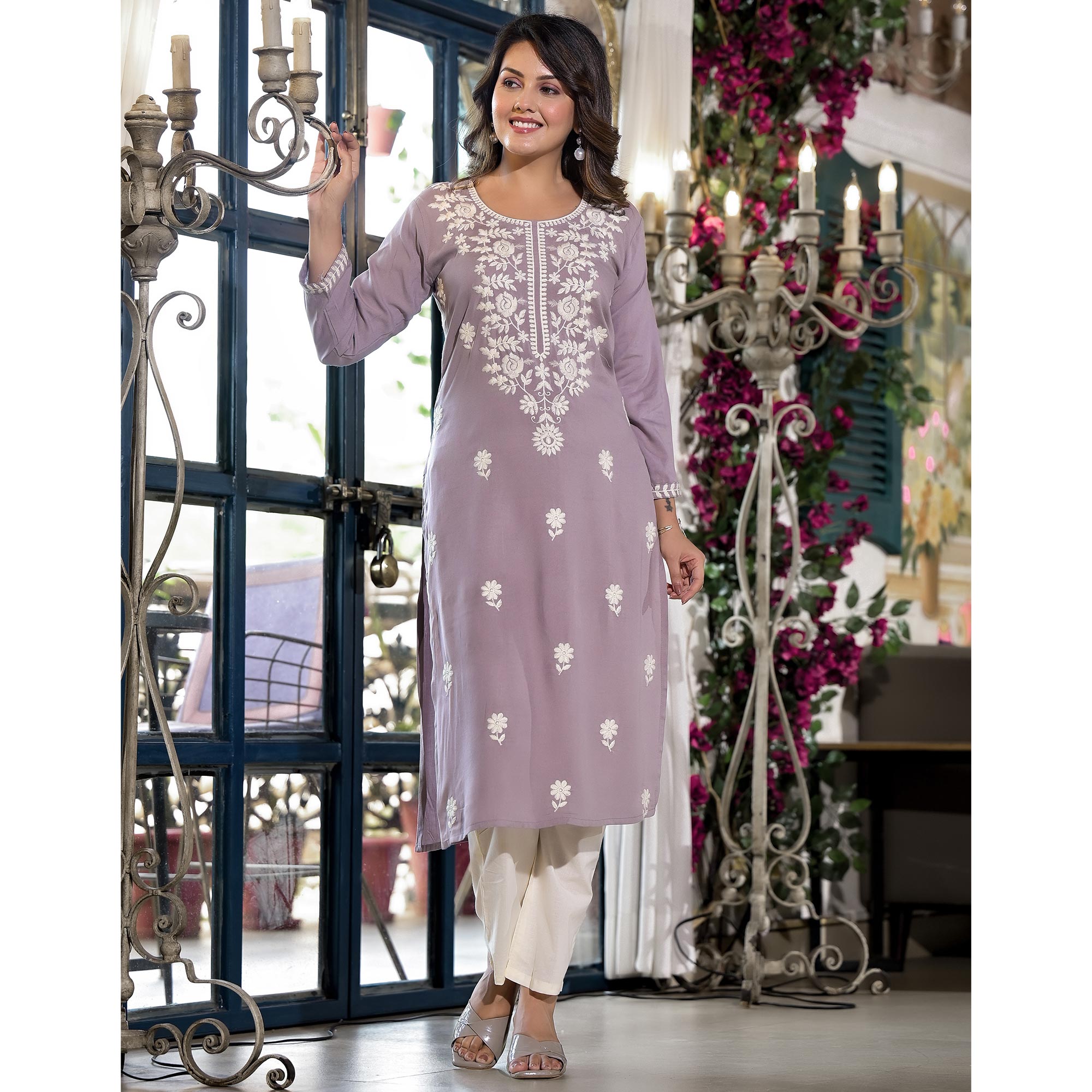 Dusty Lavender Floral Embroidered Rayon Straight Kurti