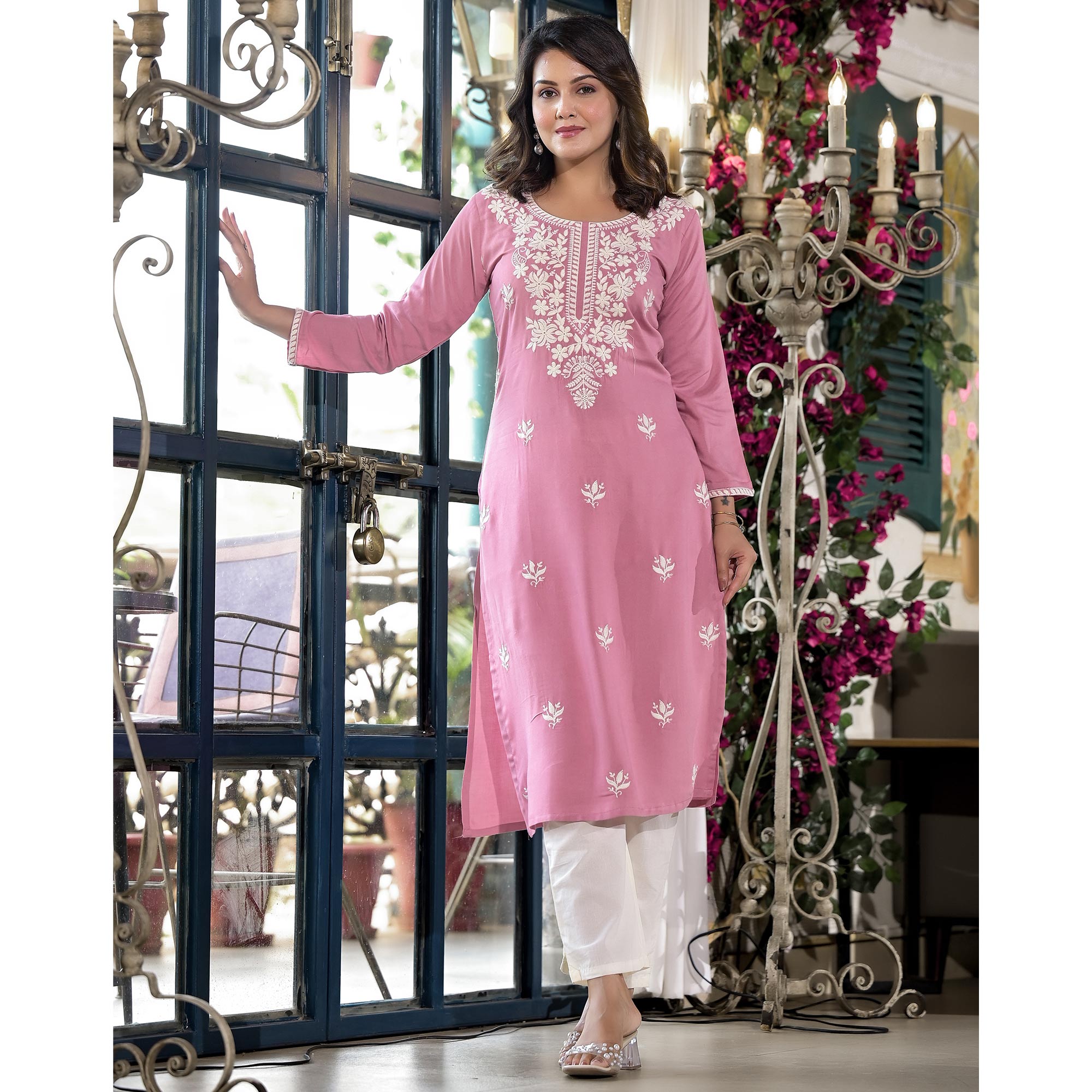 Pink Floral Embroidered Rayon Straight Kurti