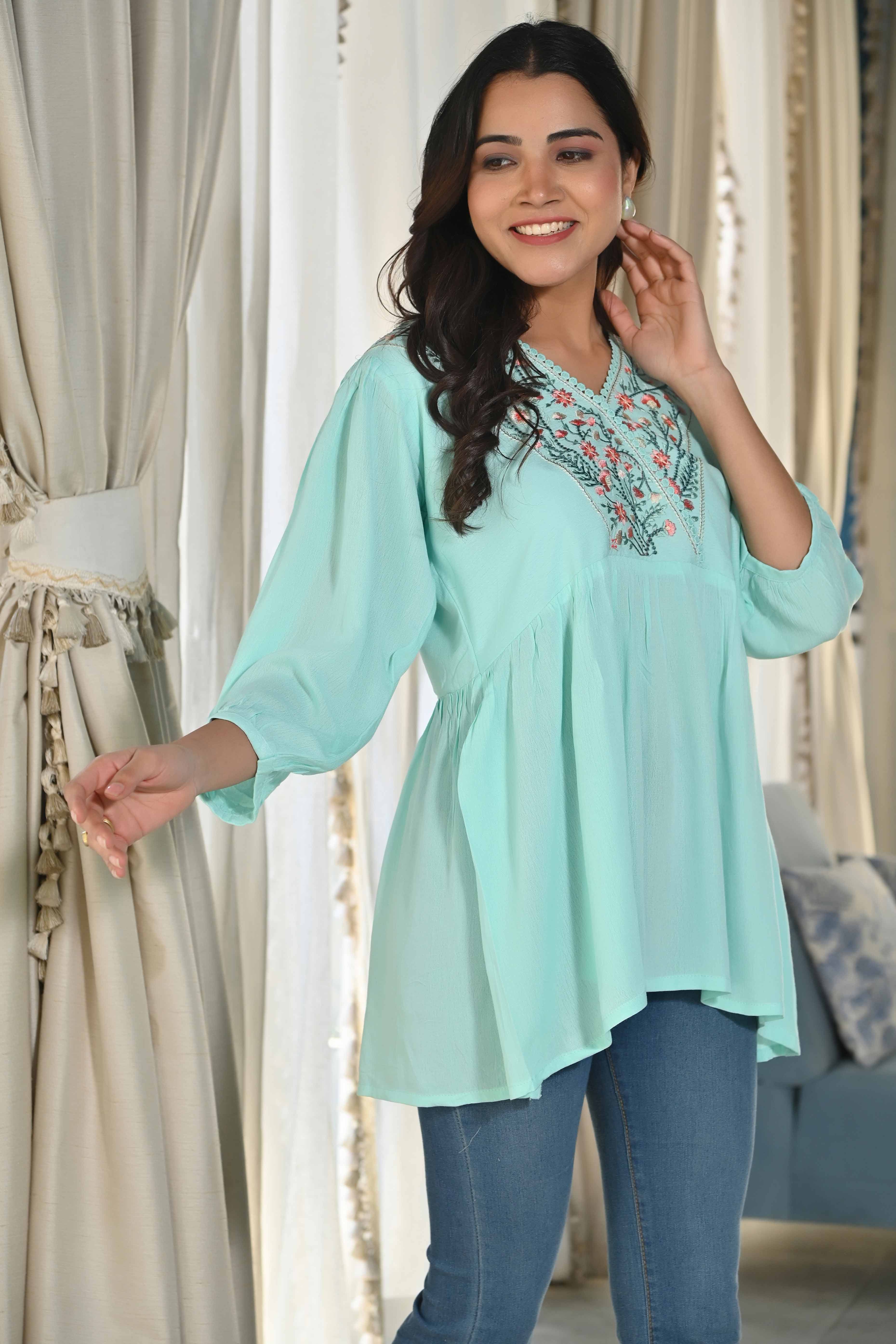 Sea Green Rayon Yoke Embroidered Rayon Rinkle Top