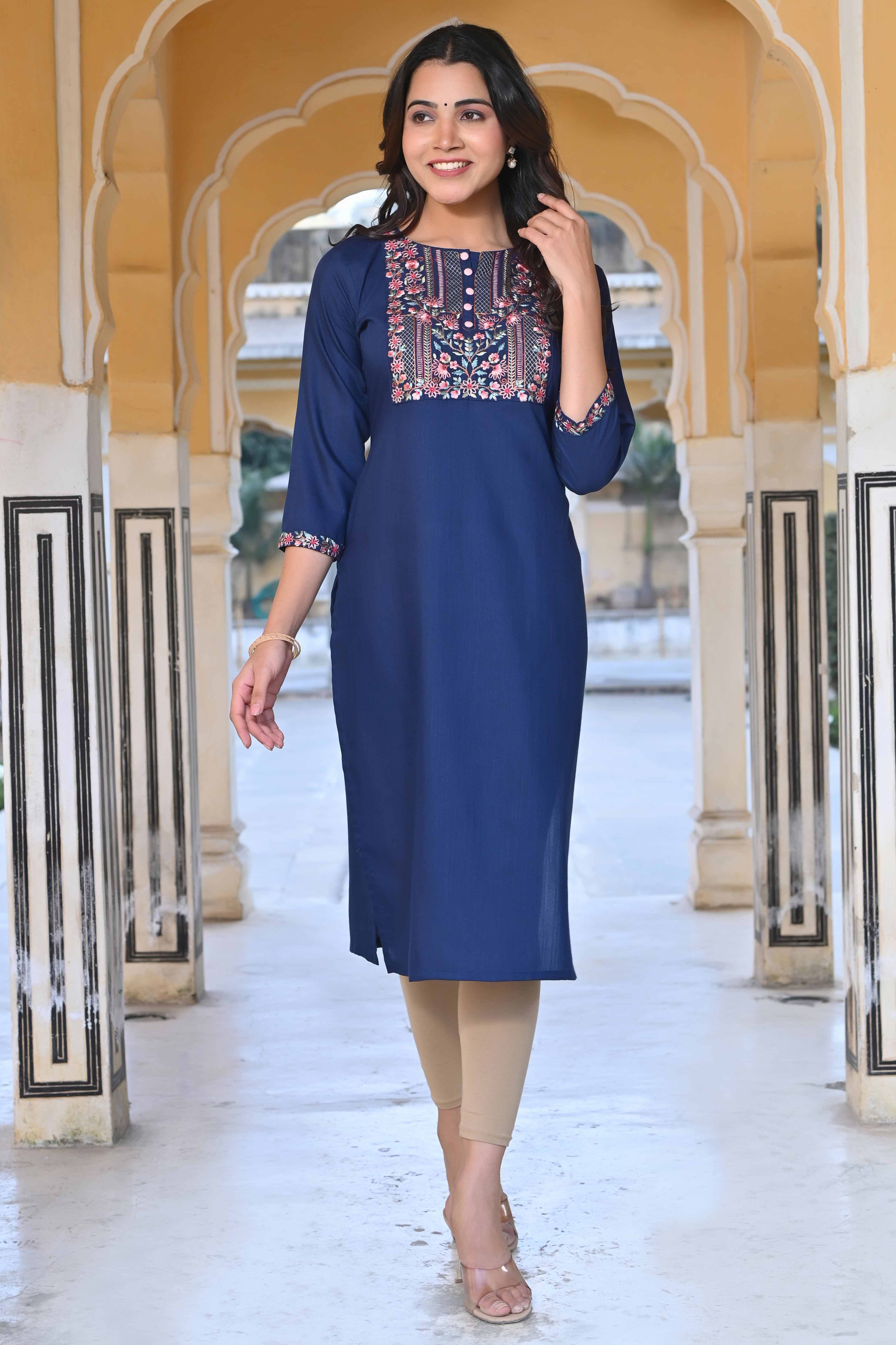 Blue Yoke Embroidered Rayon Slub Straight Kurti