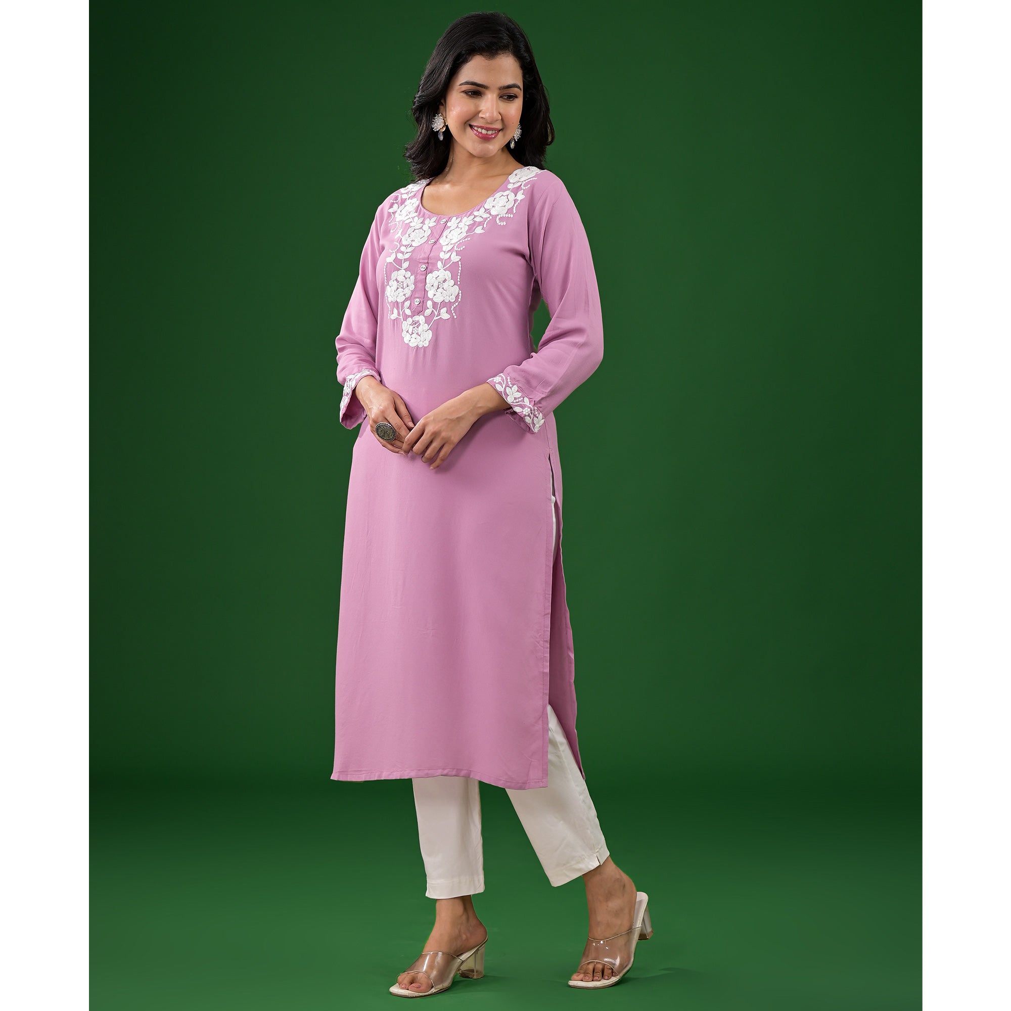 Pink Embroidered Rayon Straight Kurti