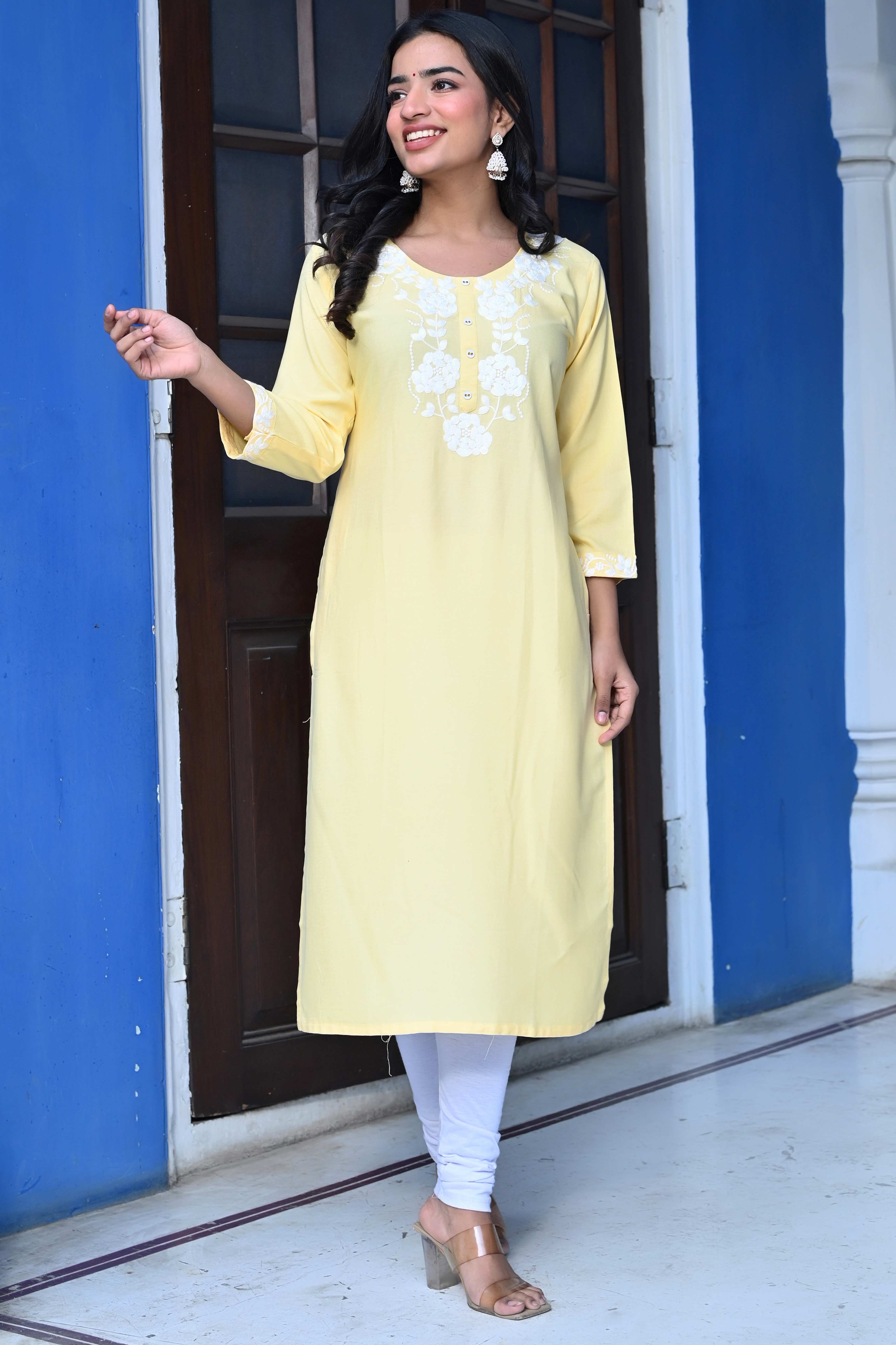 Yellow Embroidered Rayon Straight Kurti