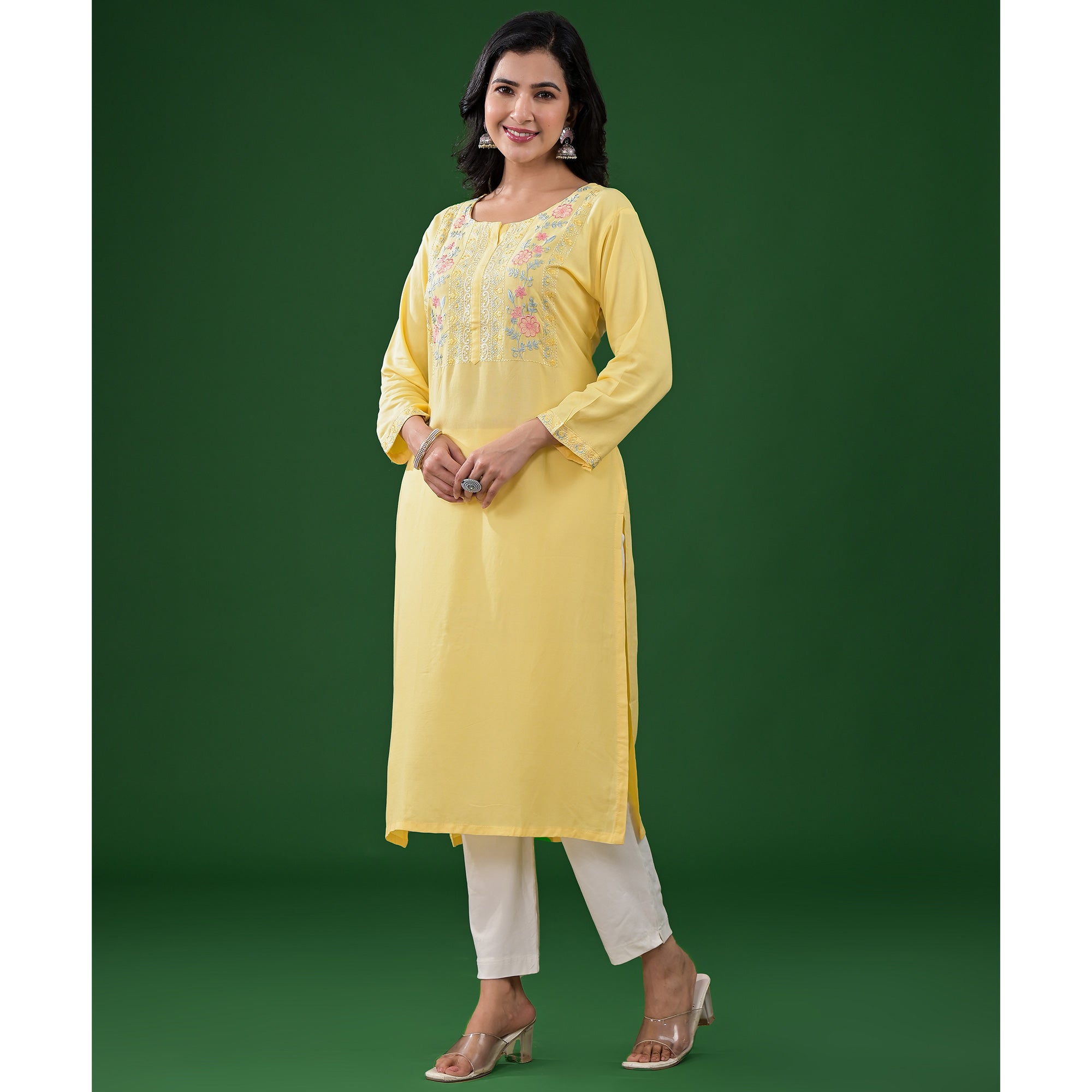 Yellow Embroidered Rayon Straight Kurti