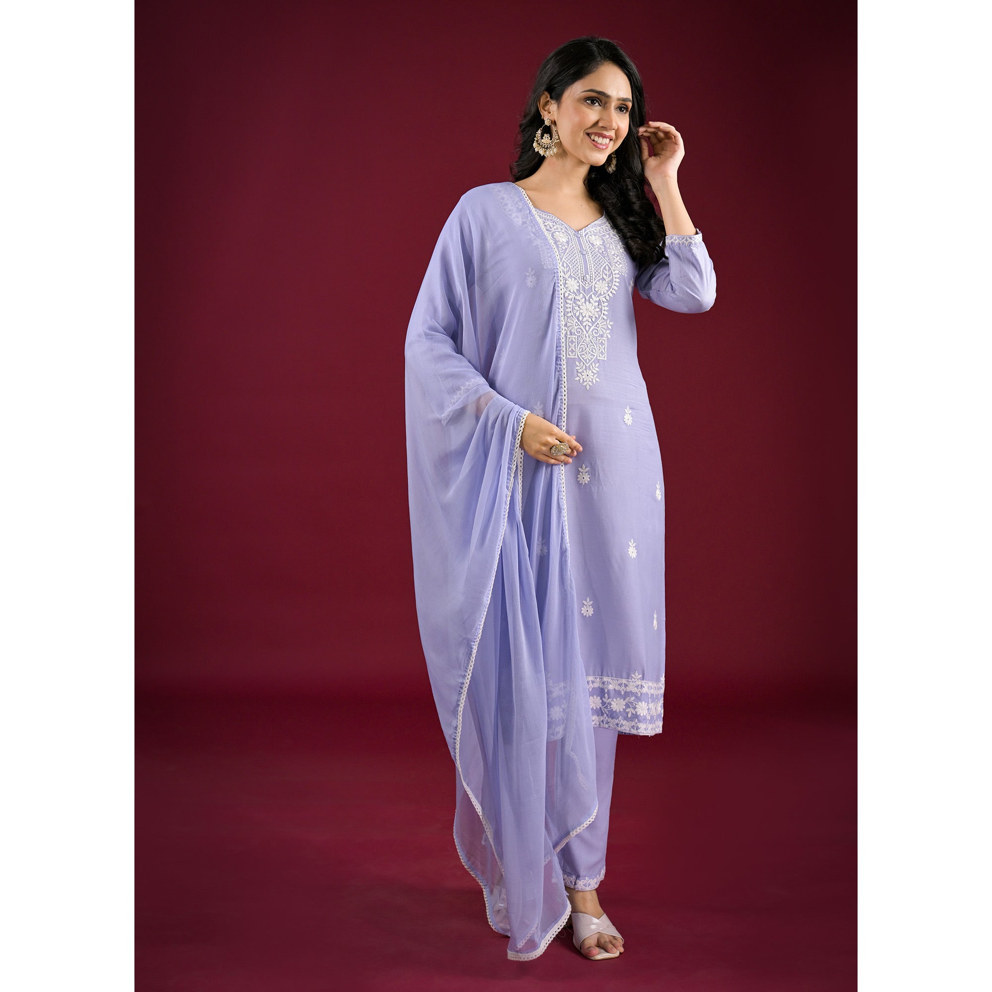 Bluish Lavender Floral Embroidered Rayon Salwar Suit