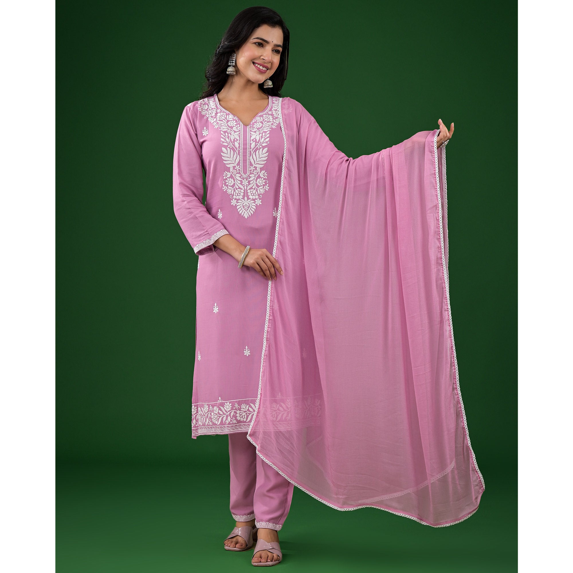 Pink Floral Embroidered Rayon Salwar Suit