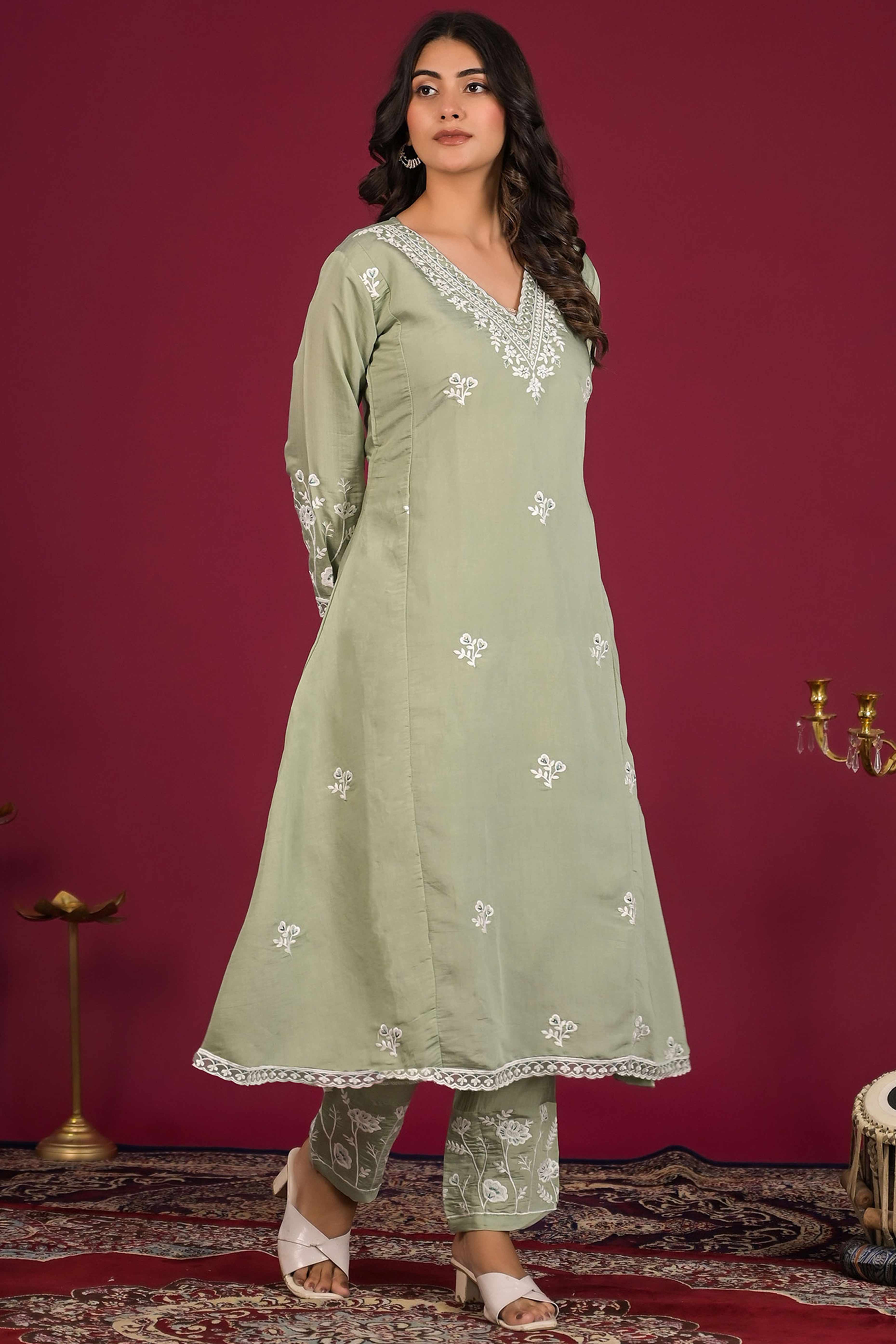 Sea Green Floral Embroidered Chanderi Top Bottom Set