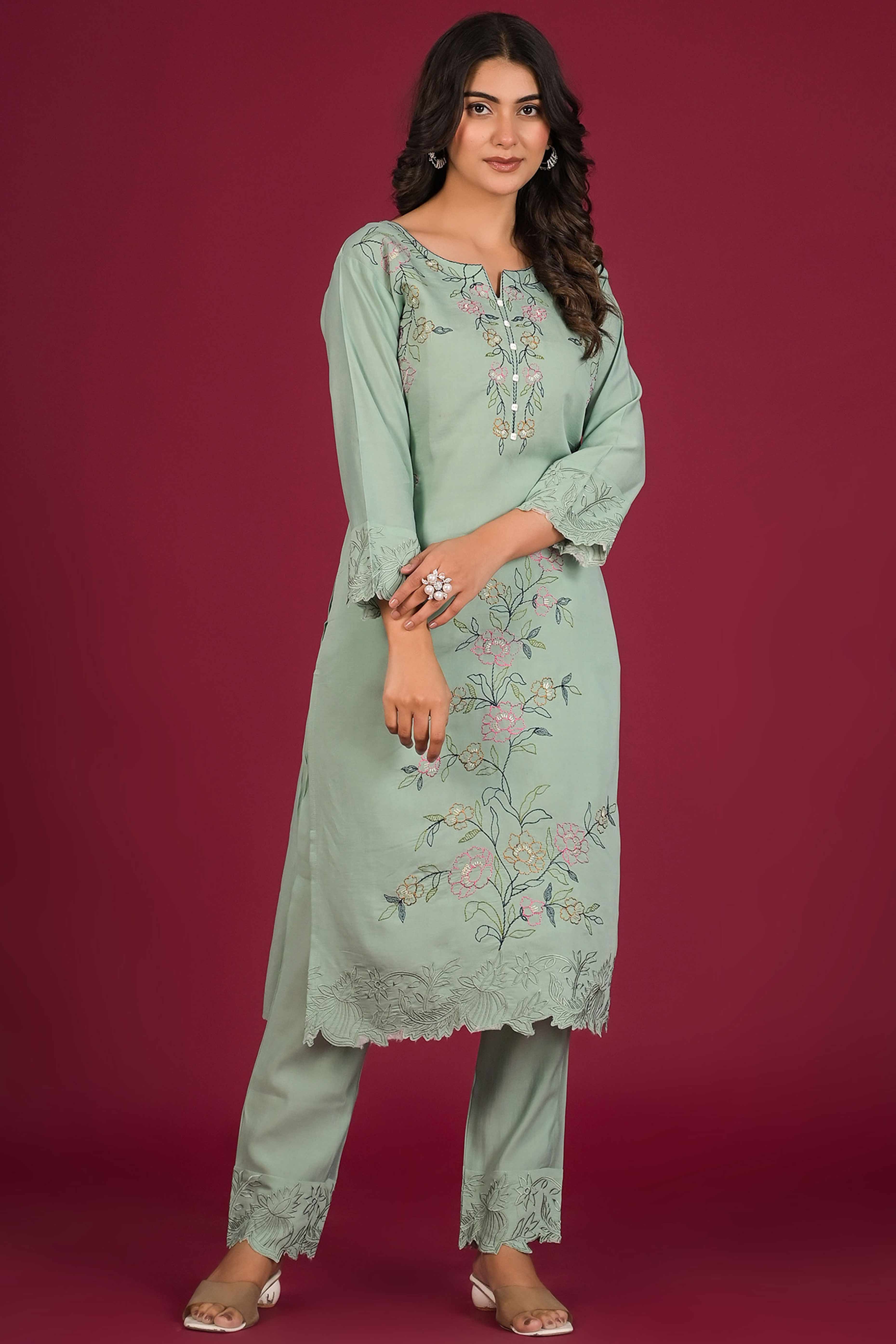 Pista Green Floral Embroidered Chanderi Top Bottom Set