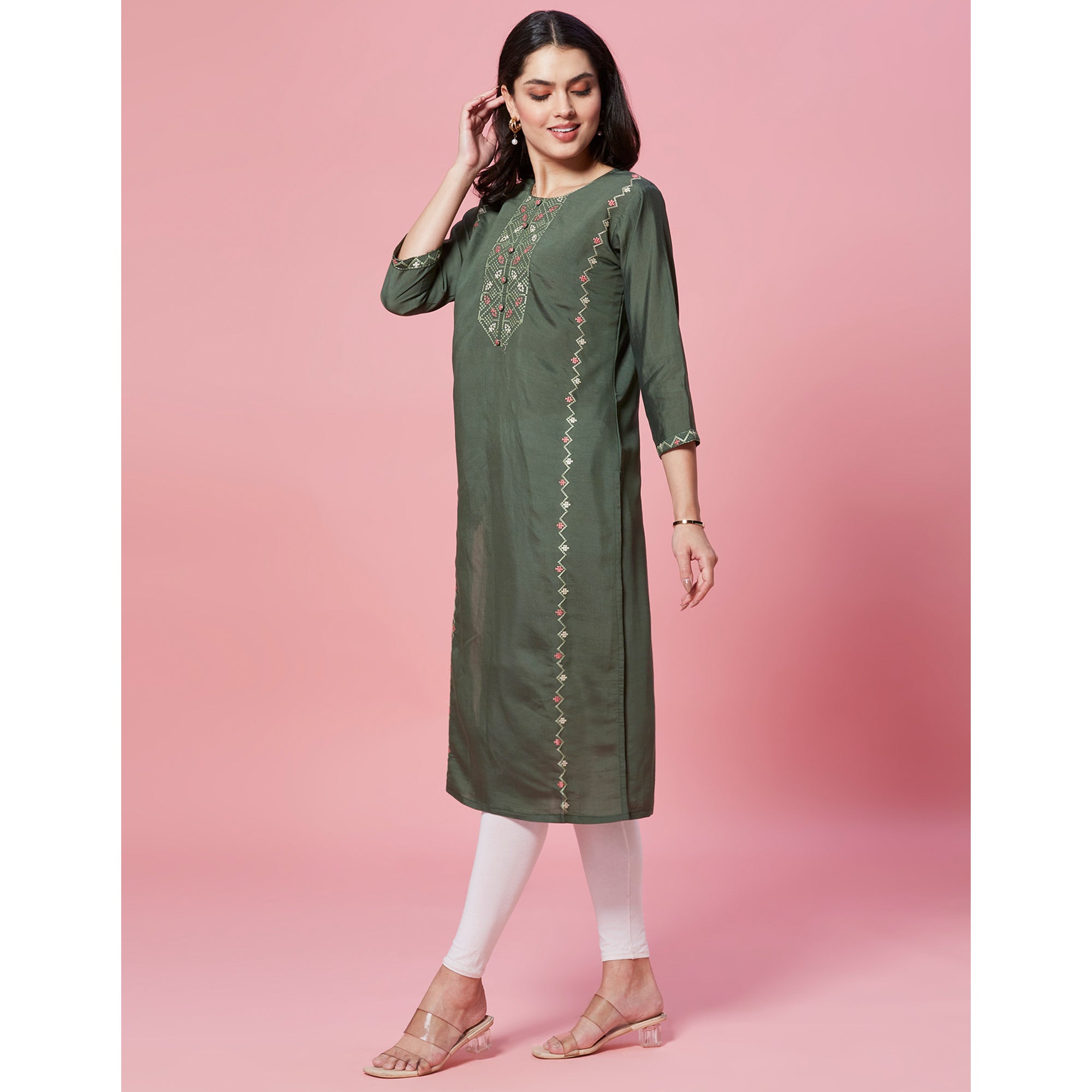 Green Embroidered Chanderi Straight Kurti