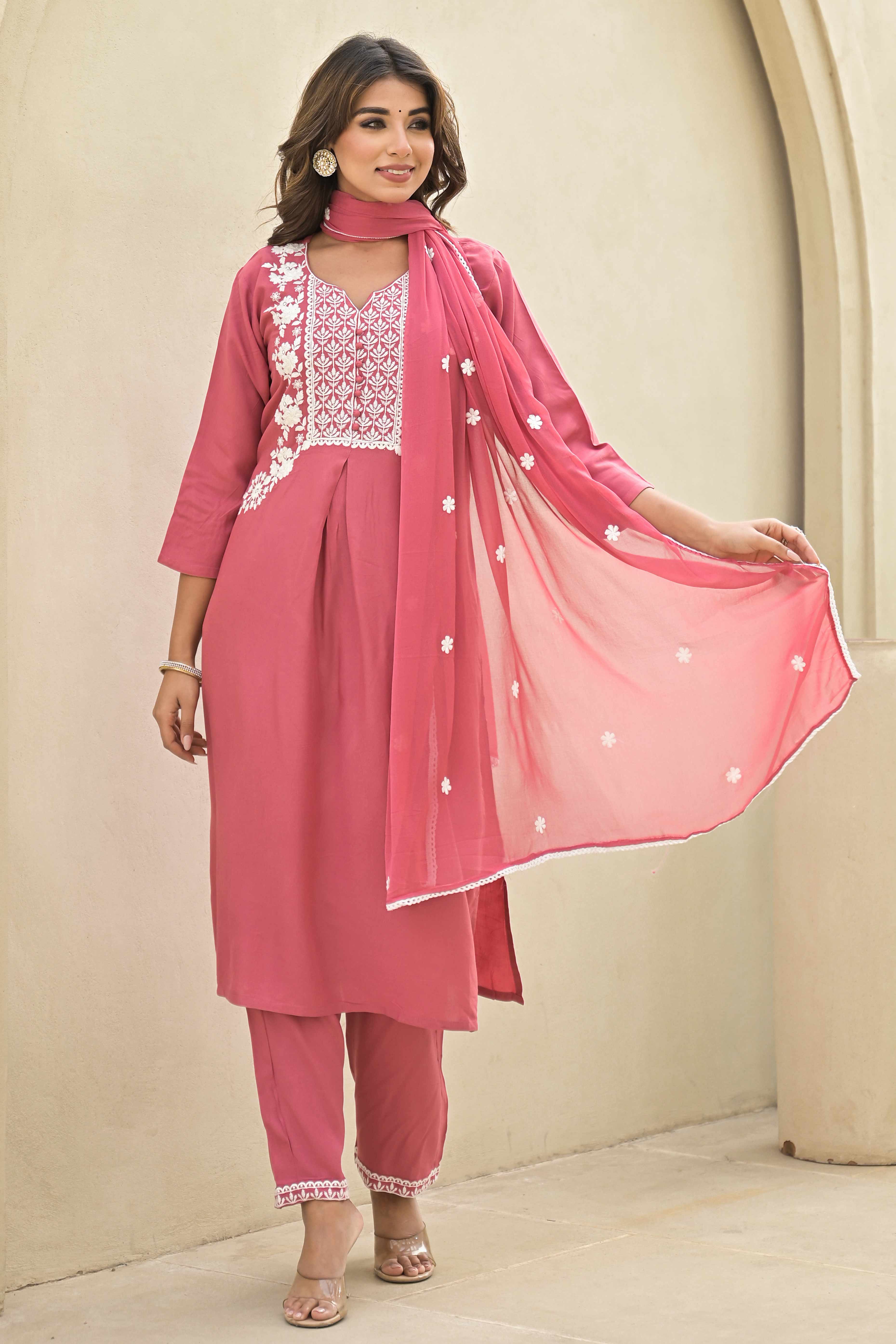 Gajri Pink Floral Embroidered Rayon Salwar Suit