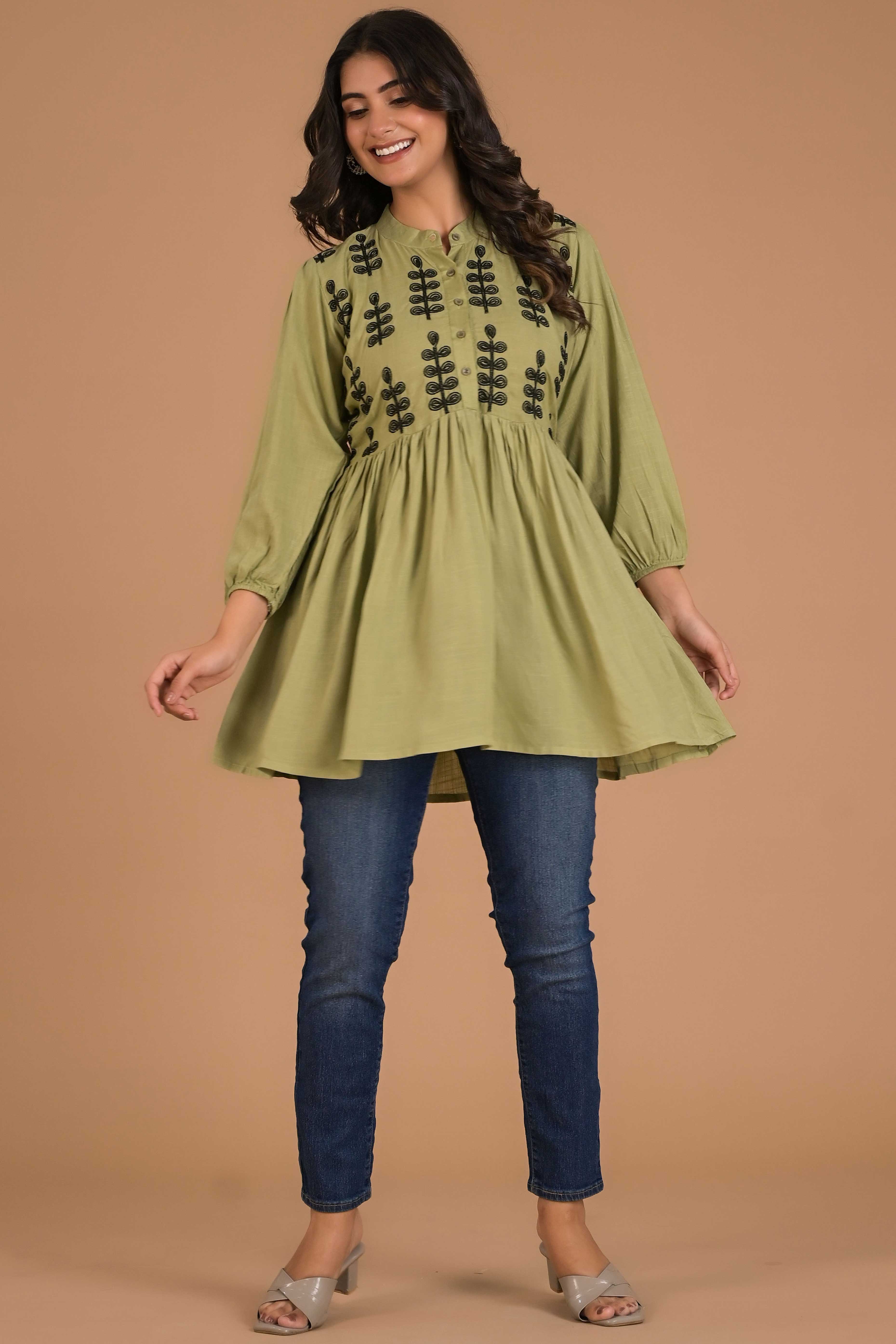 Green Embroidered Cotton Slub A-Line Top