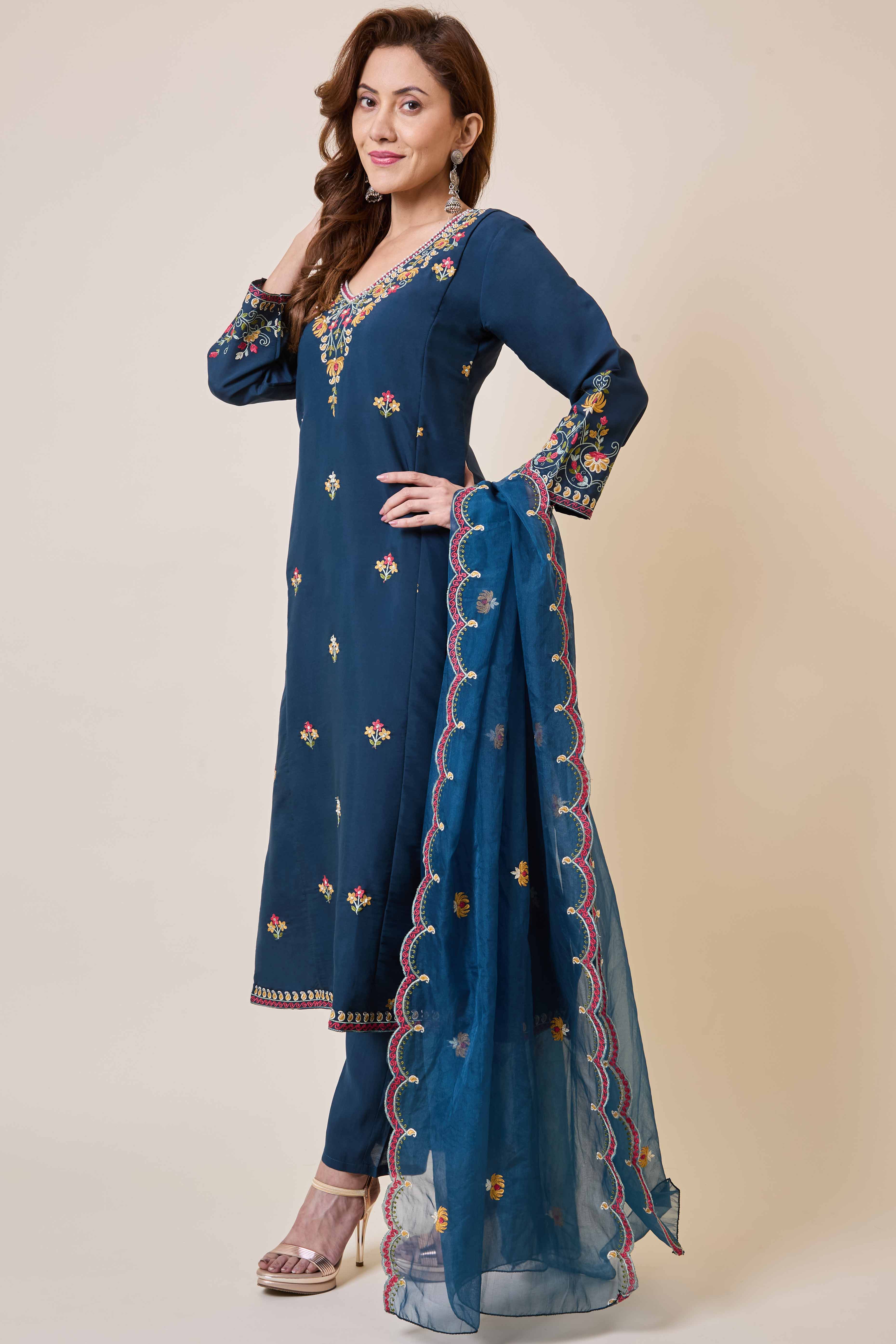 Prussian Blue Floral Hand Work Embroidered Chanderi Salwar Suit