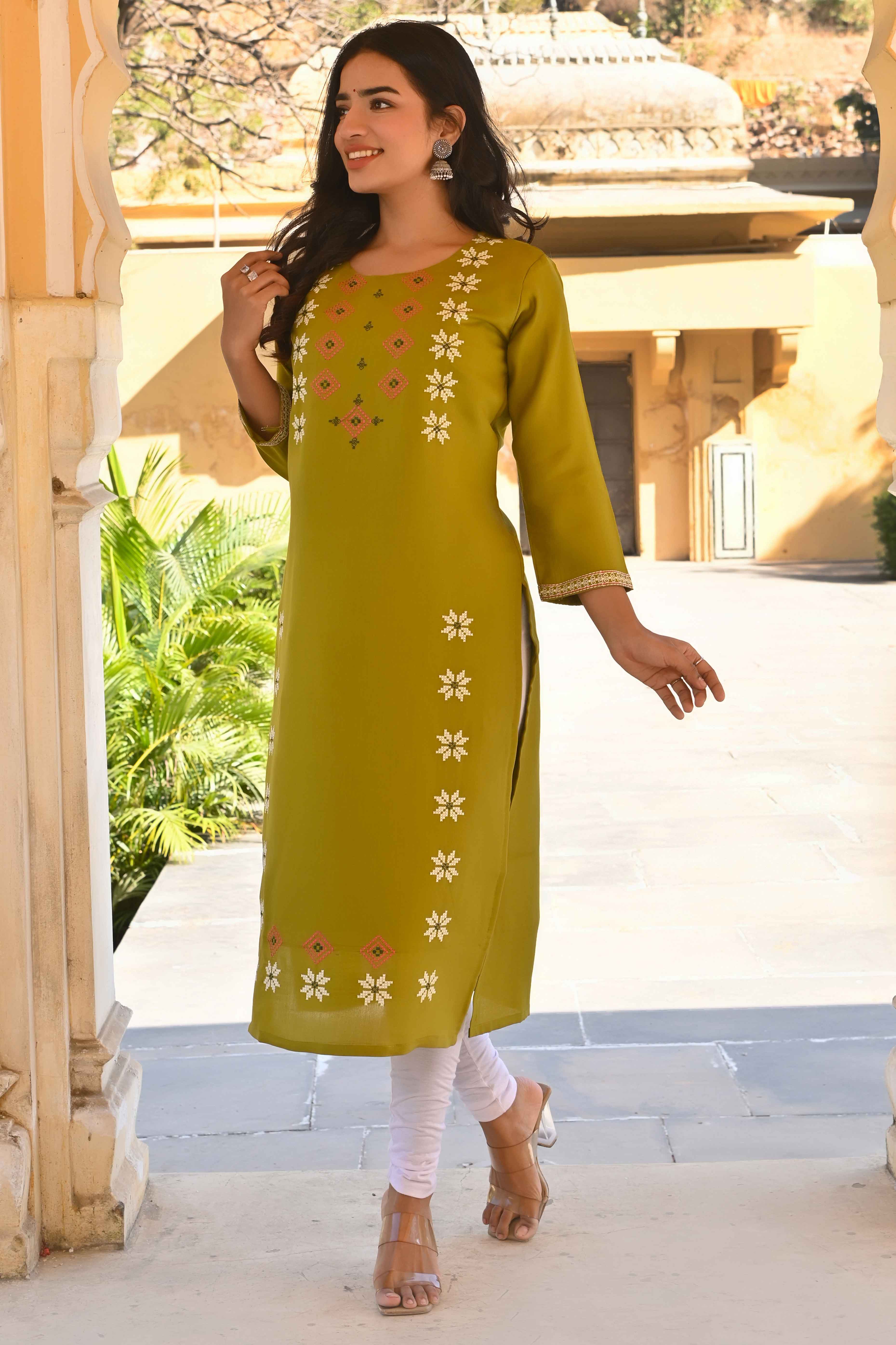 Olive Floral Embroidered Viscose Straight Kurti