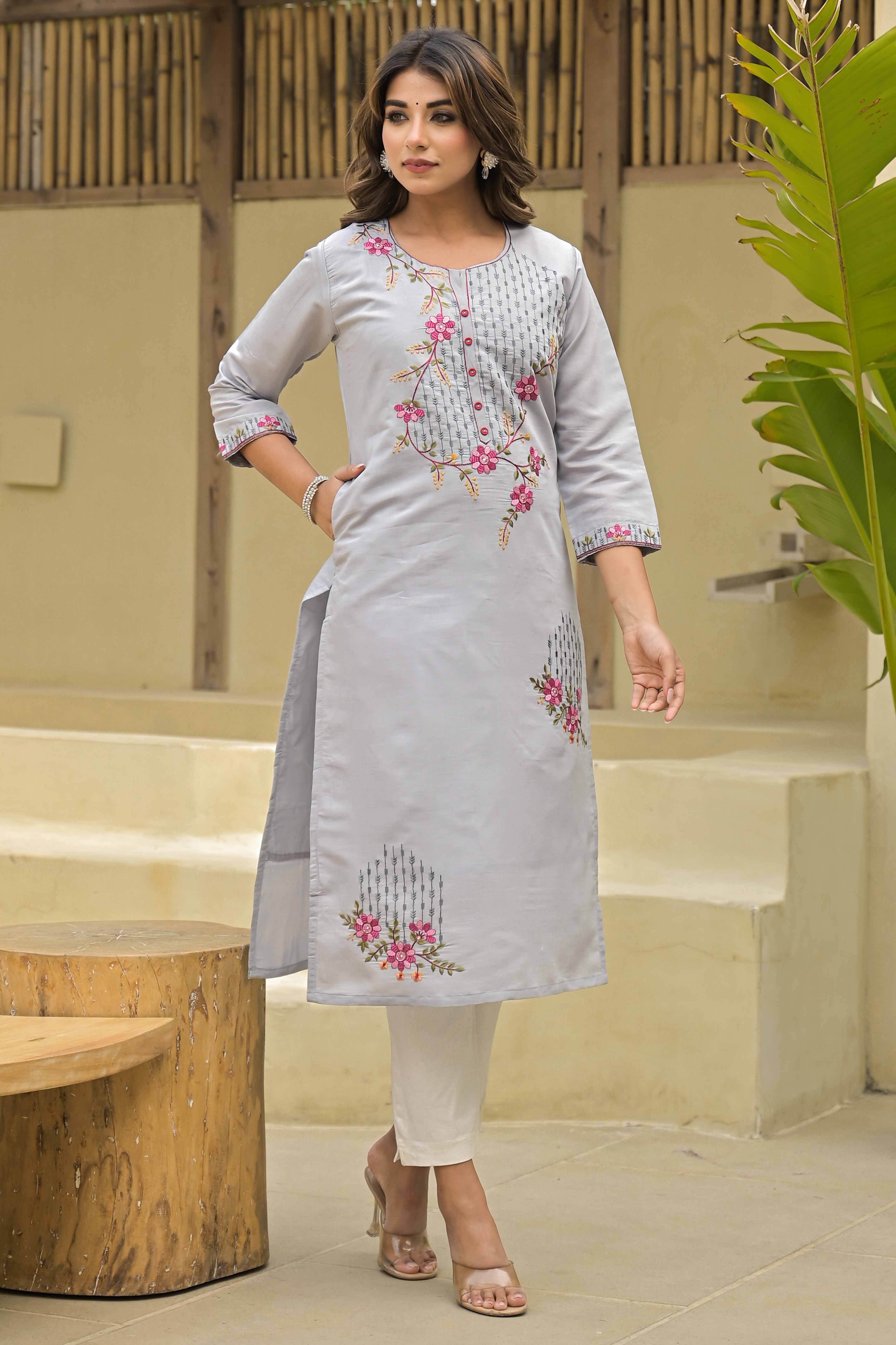 Grey Floral Embroidered Chanderi Straight Kurti With Handwork