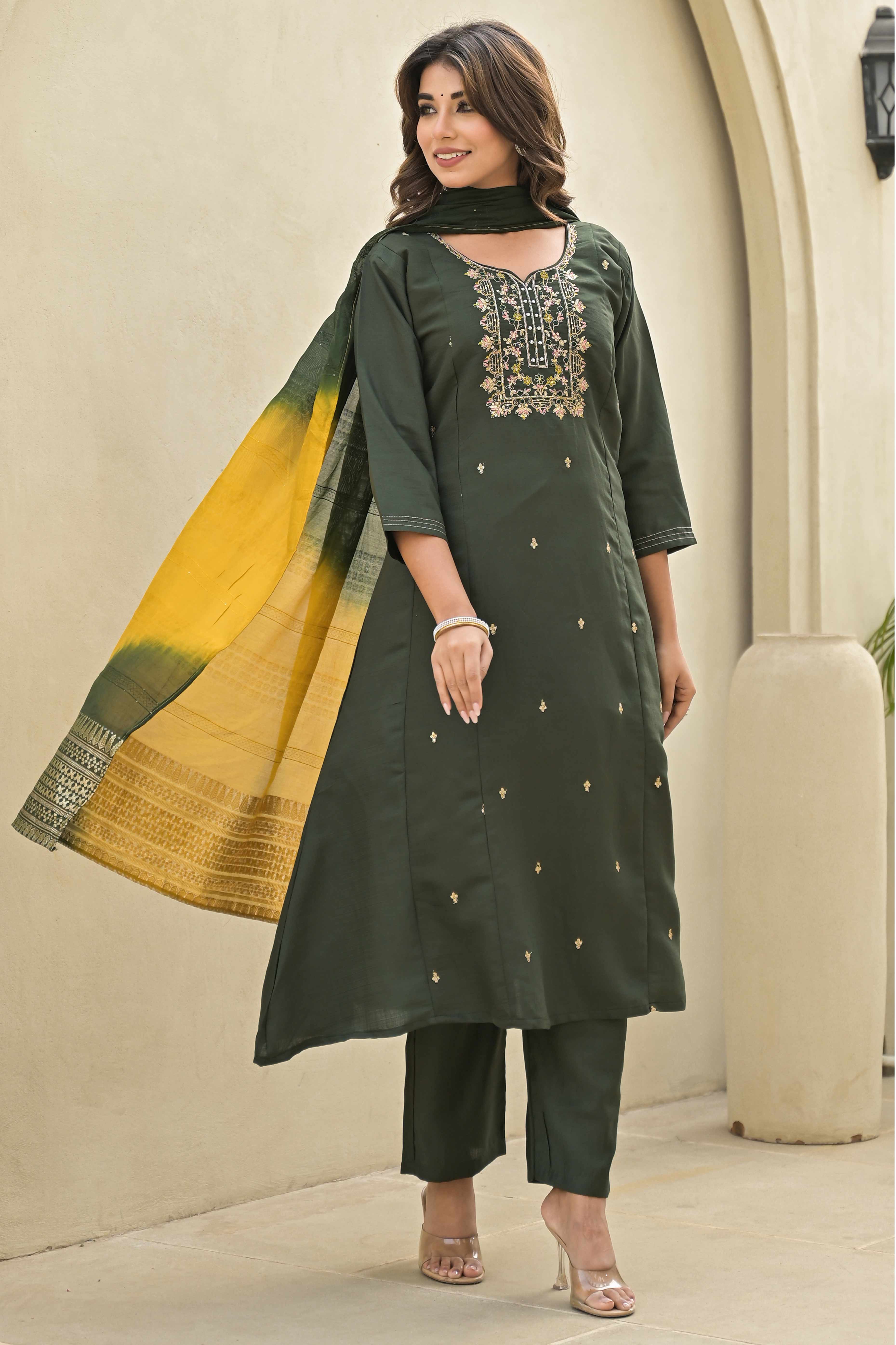 Mehandi Green Floral Embroidered Viscose A-Line Salwar Suit