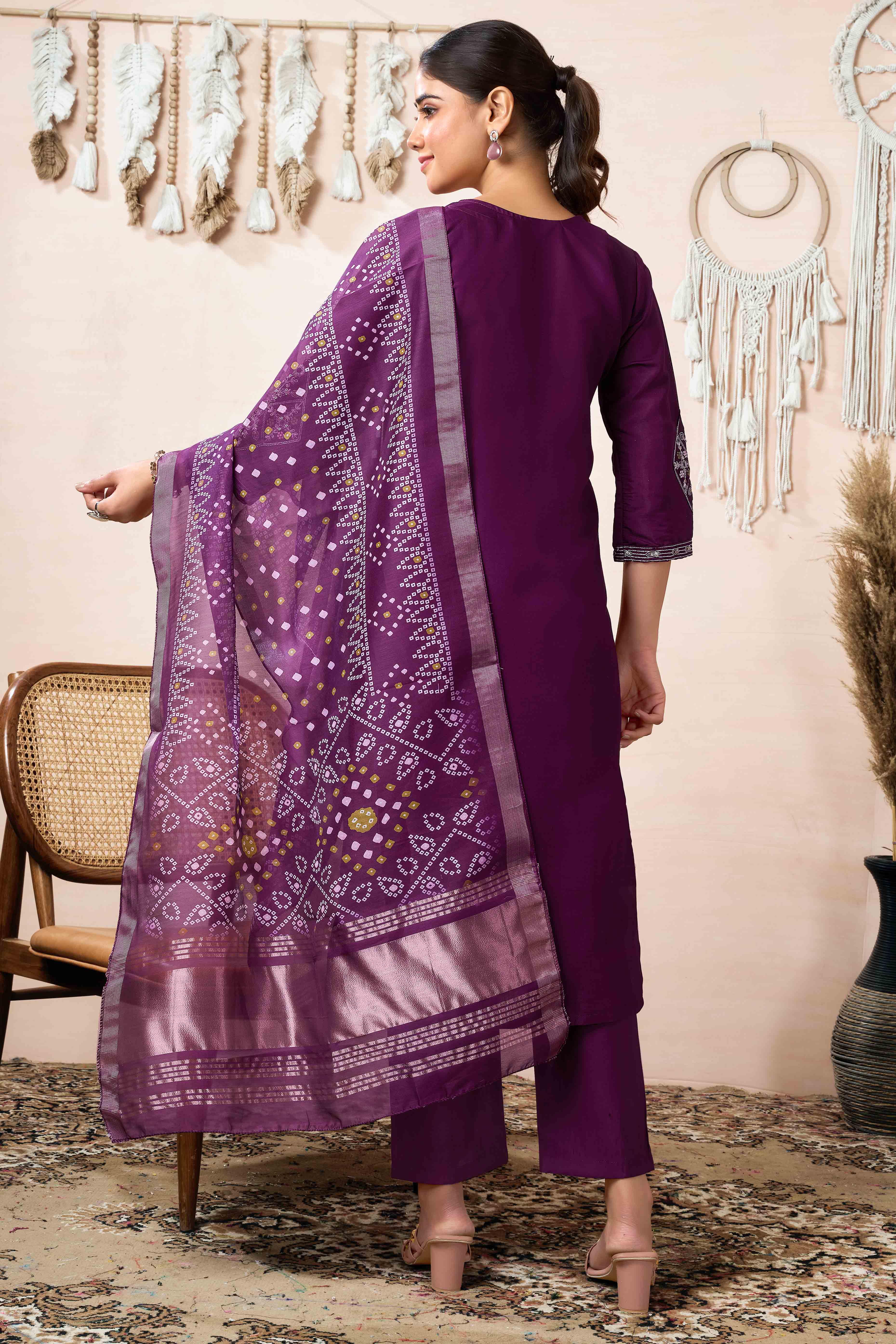 Wine Neck Embroidered Viscose Straight Salwar Suit