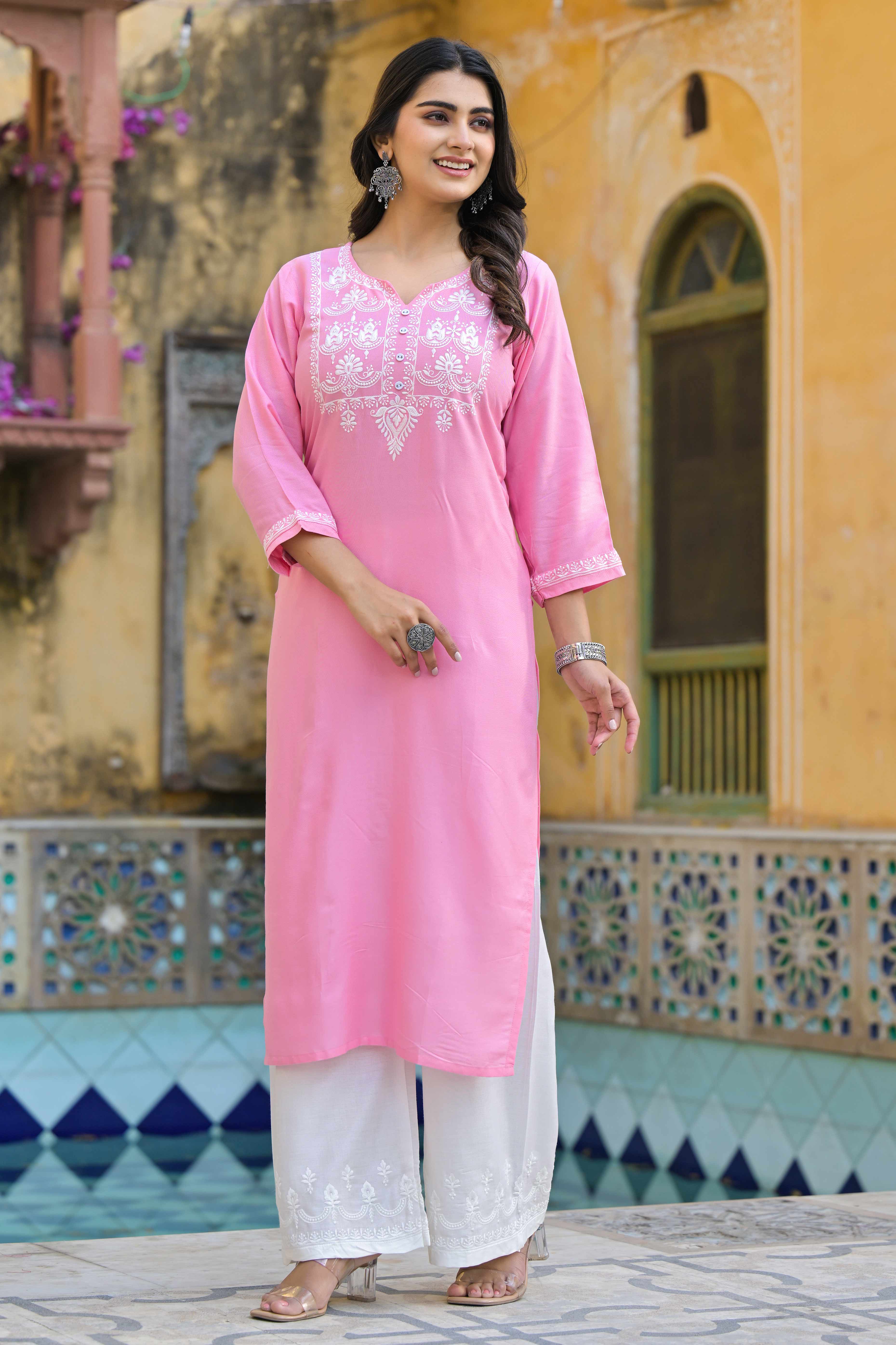 Pink Floral Embroidered Viscose Rayon Straight Top Bottom Set