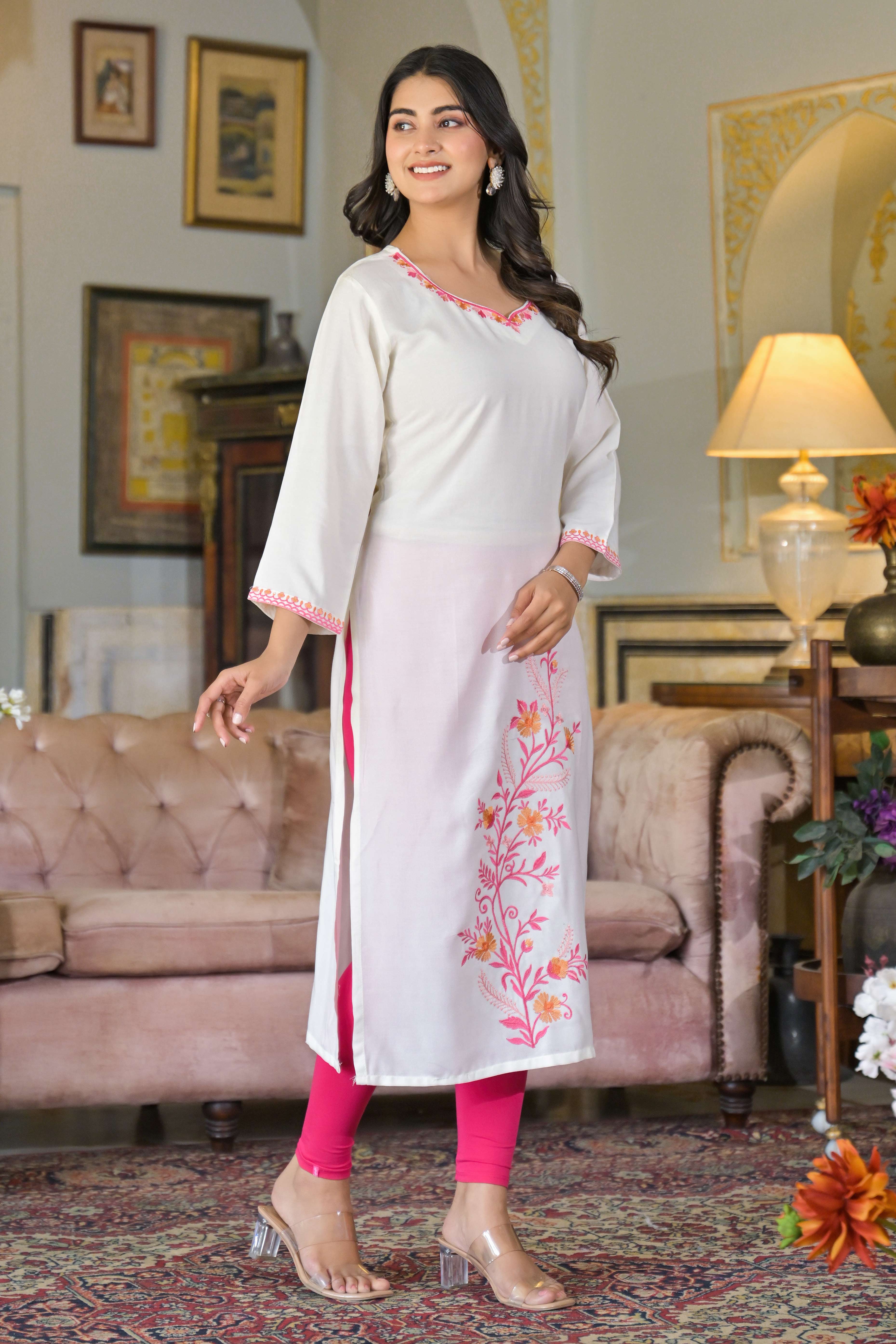 White Floral Embroidered Viscose Rayon Straight Kurti