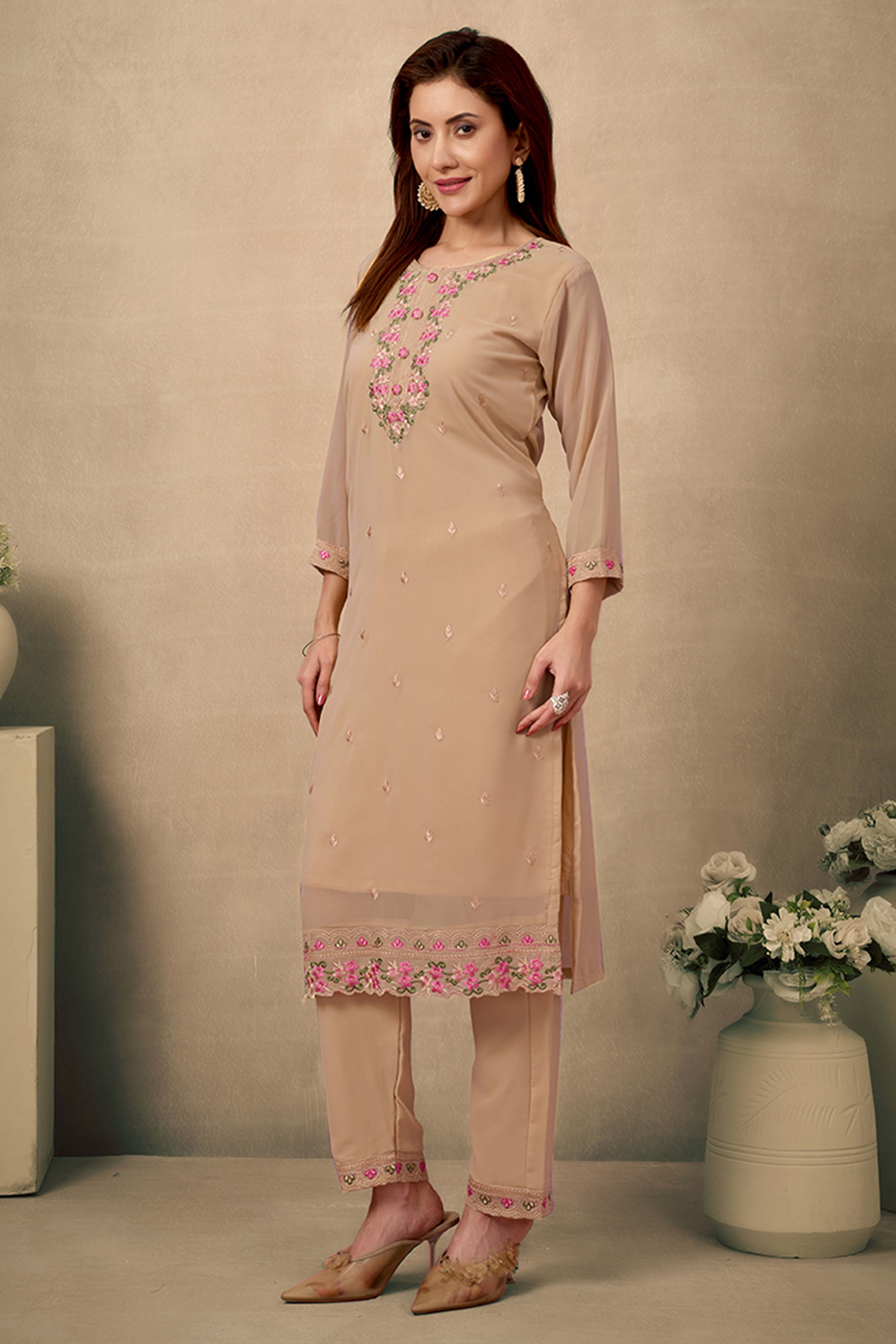 Chikoo Embroidered Straight Salwar Suit in Heavy Viscose Georgette