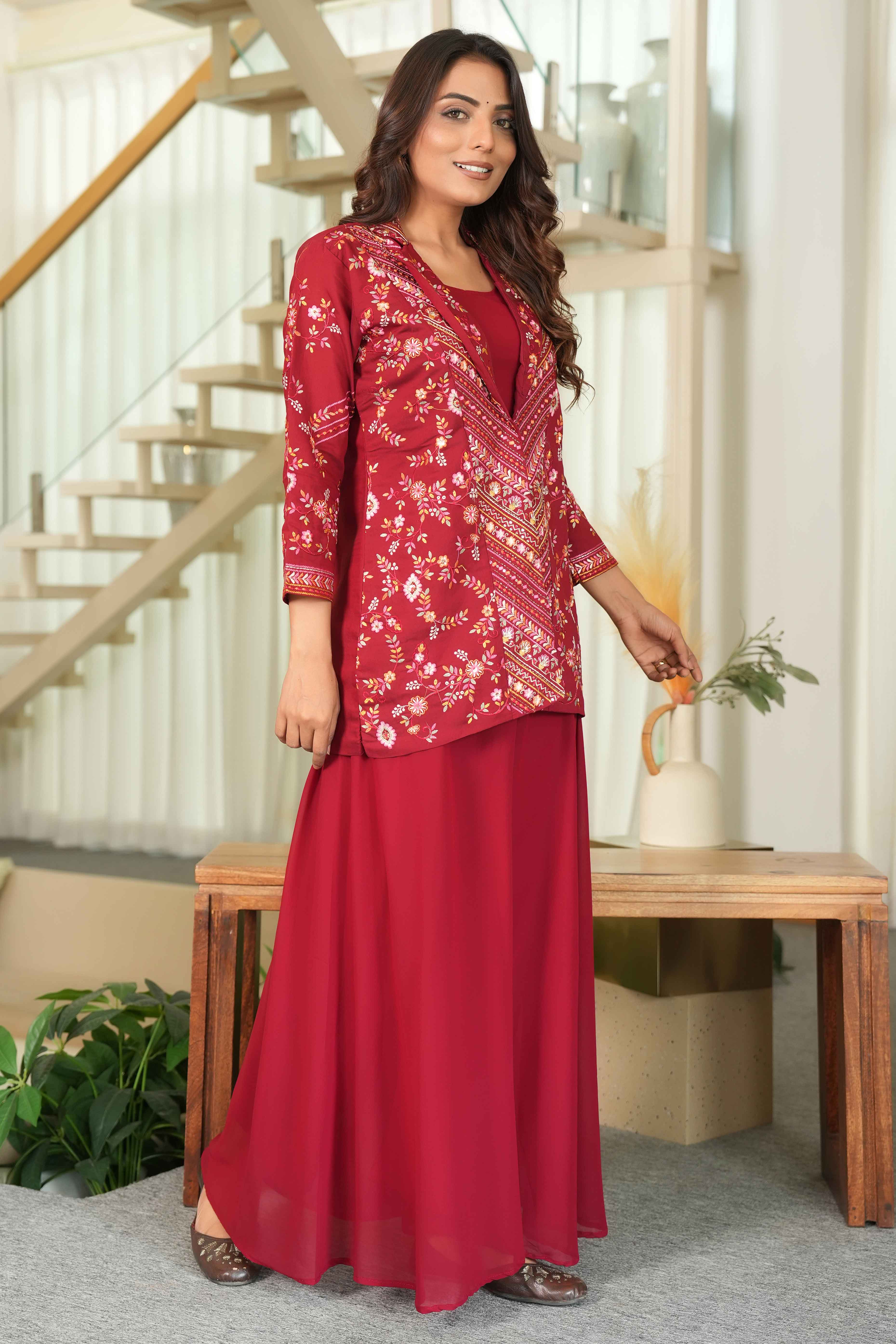 Maroon Solid Co-Ord Ensemble in Chanderi Silk with Heavily Embroidered Coat