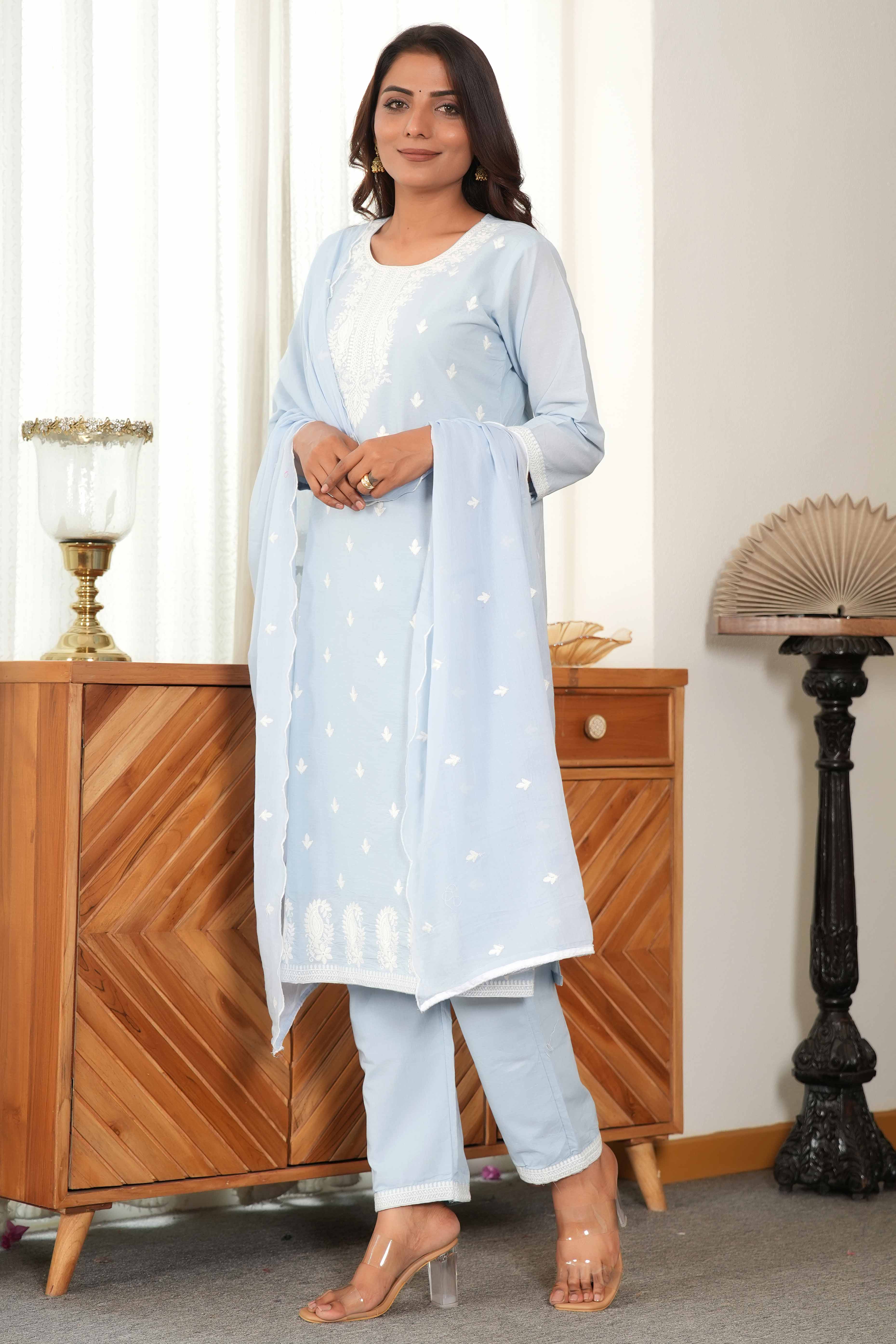 Powder Blue Cotton Suit Set Featuring Exquisite Motif Stitch Work