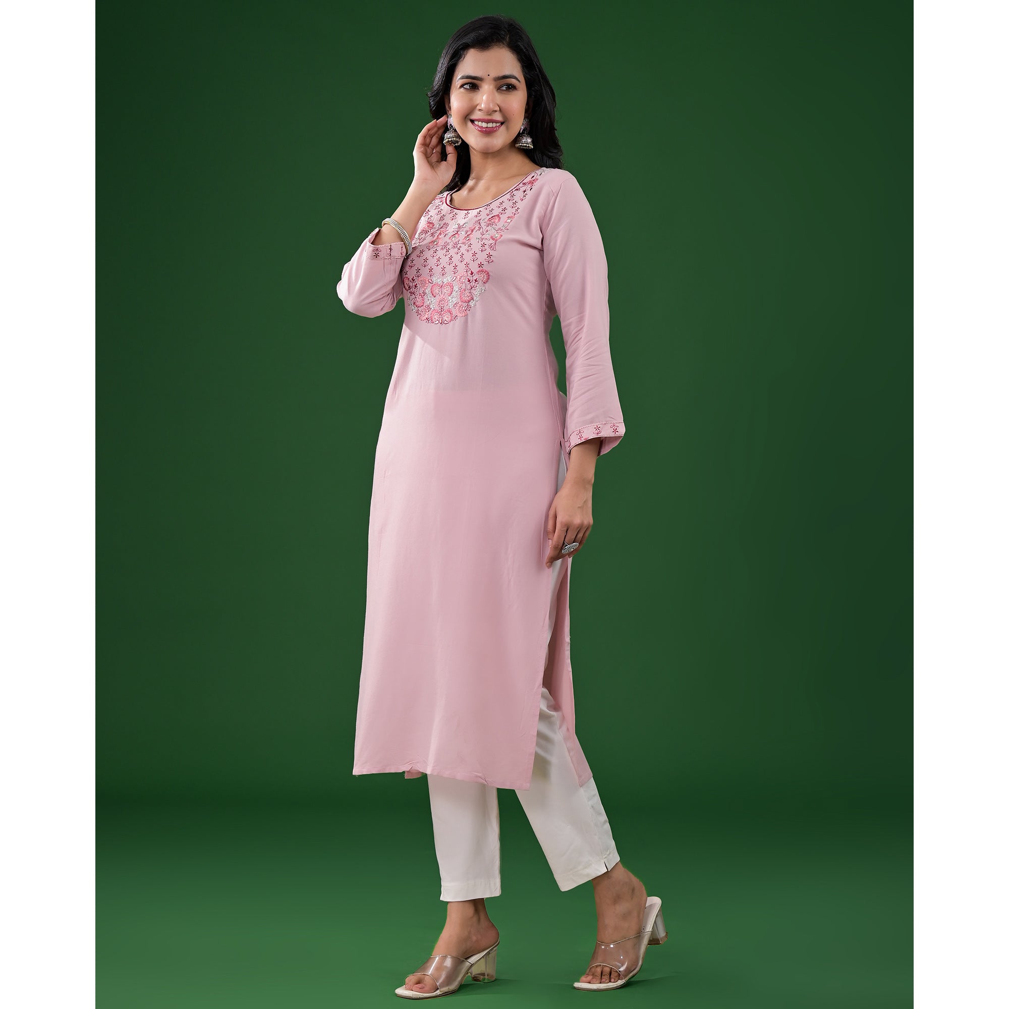 Peach Yoke Embroidered Rayon Straight Kurti