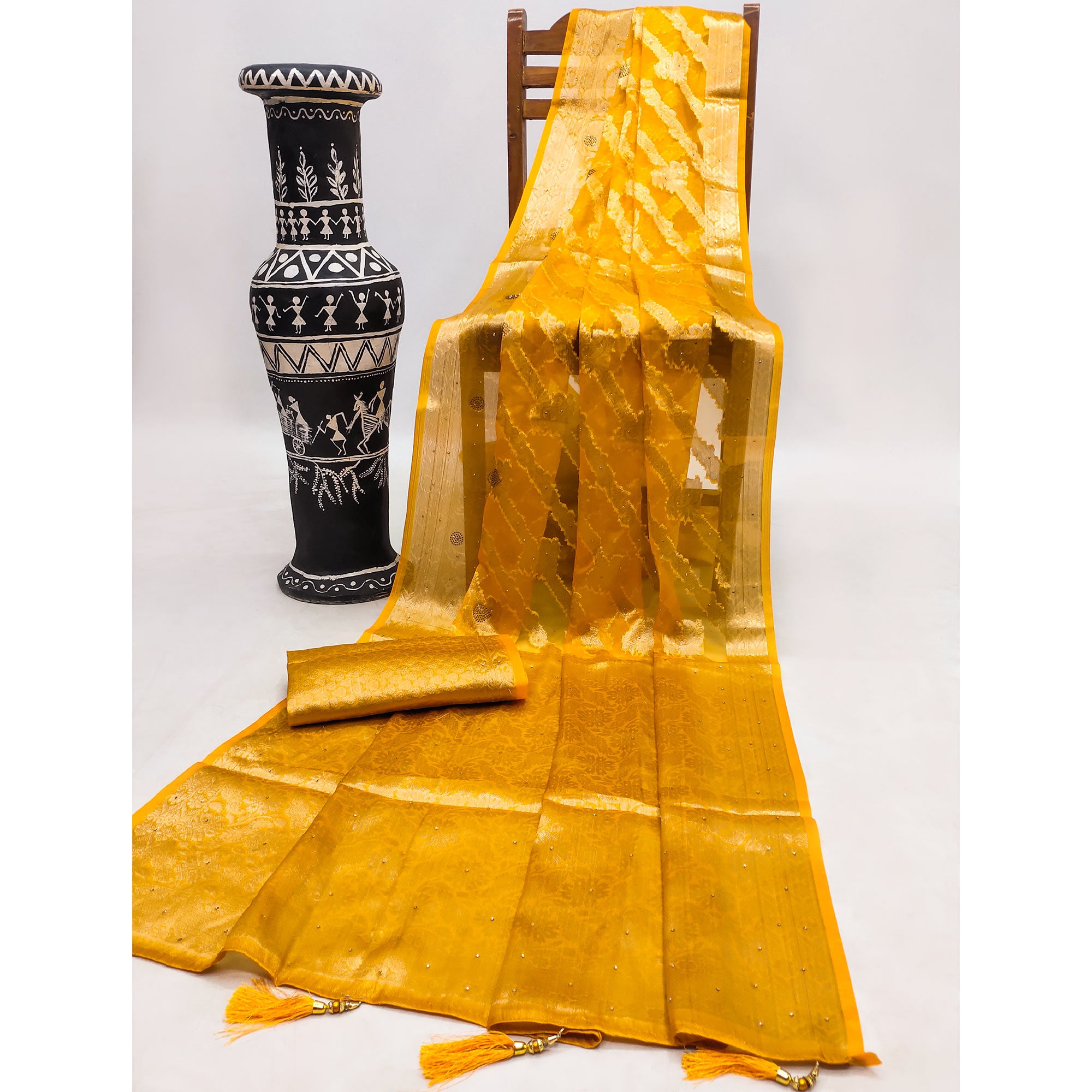 Mustard Stone Work Woven Organza Jacquard Saree