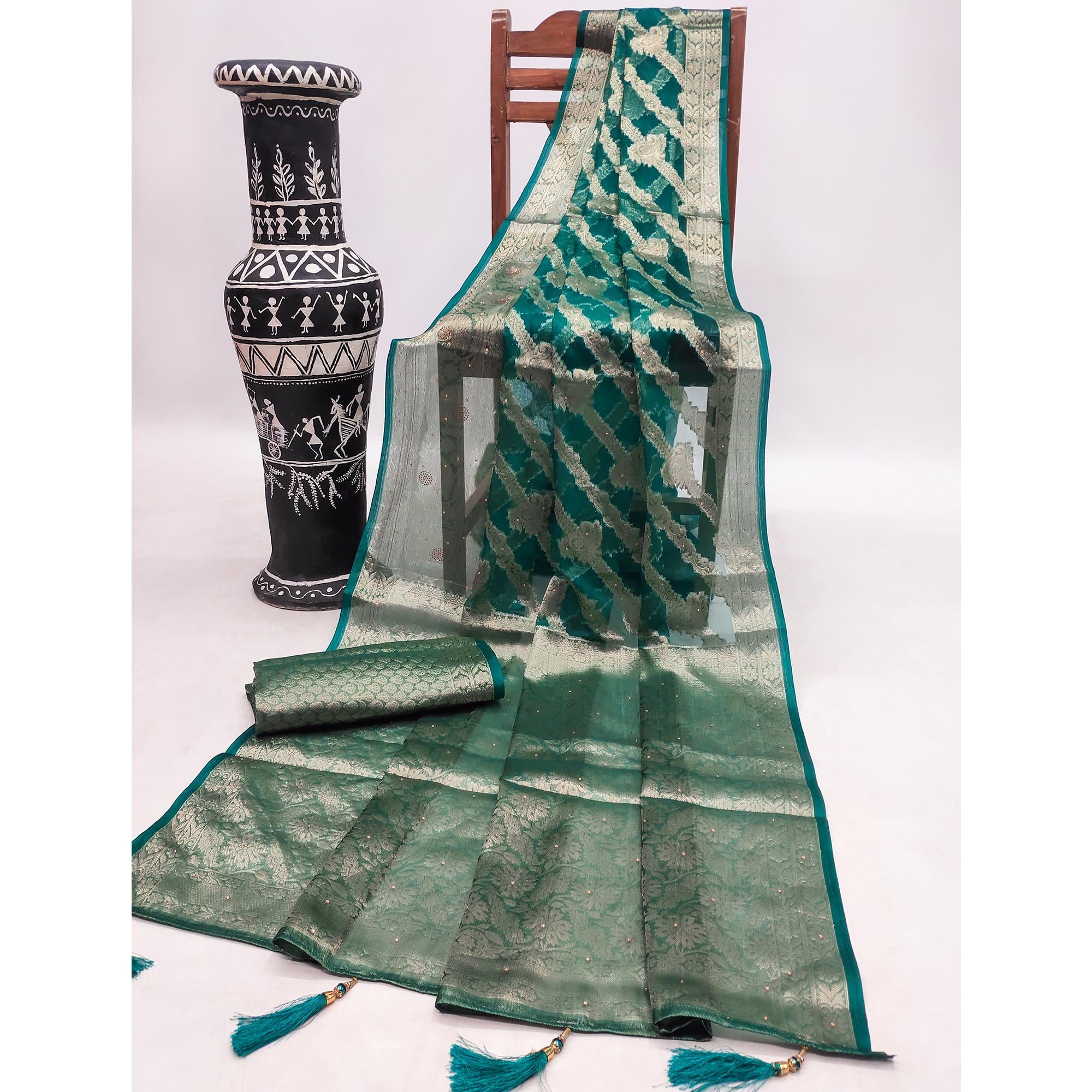 Morpich Green Stone Work Woven Organza Jacquard Saree