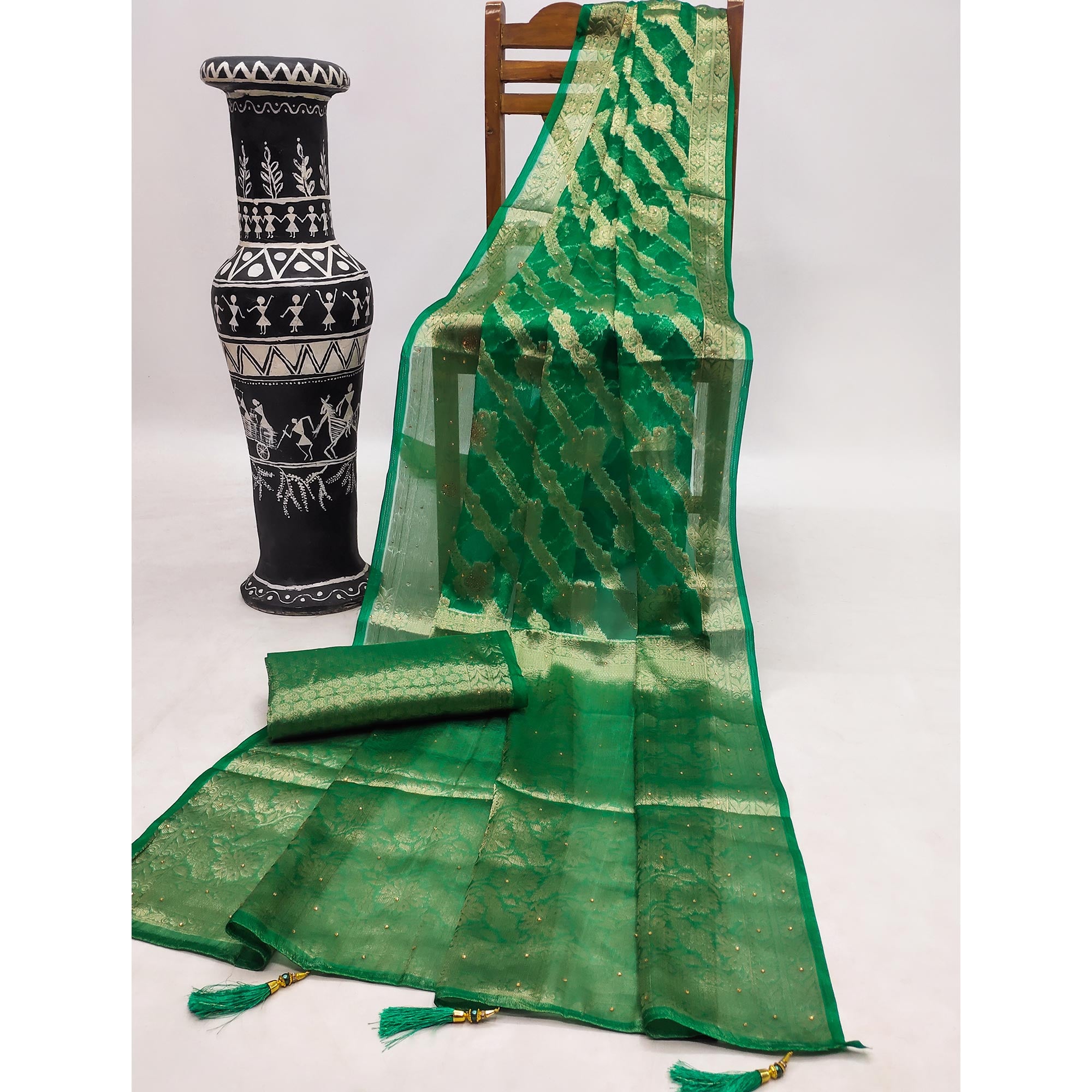 Green Stone Work Woven Organza Jacquard Saree