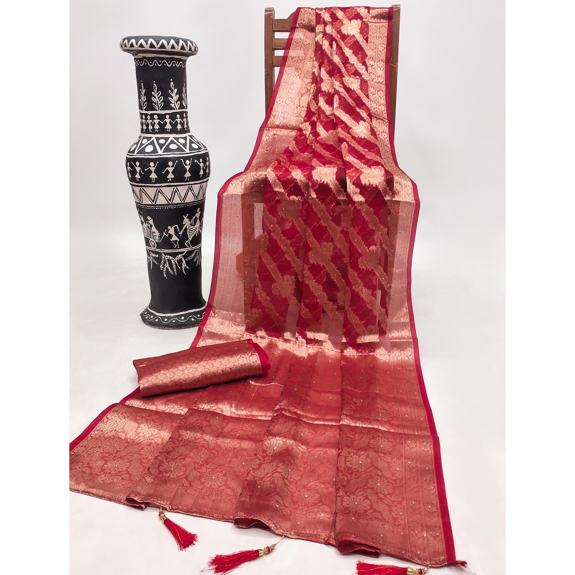 Red Stone Work Woven Organza Jacquard Saree