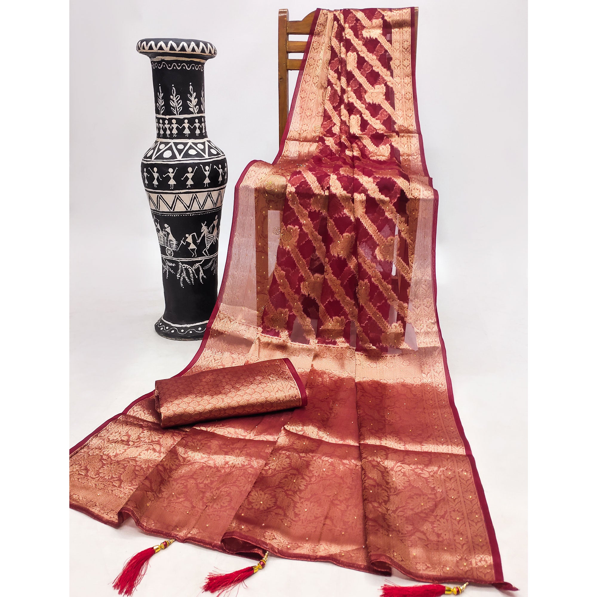 Wine Stone Work Woven Organza Jacquard Saree