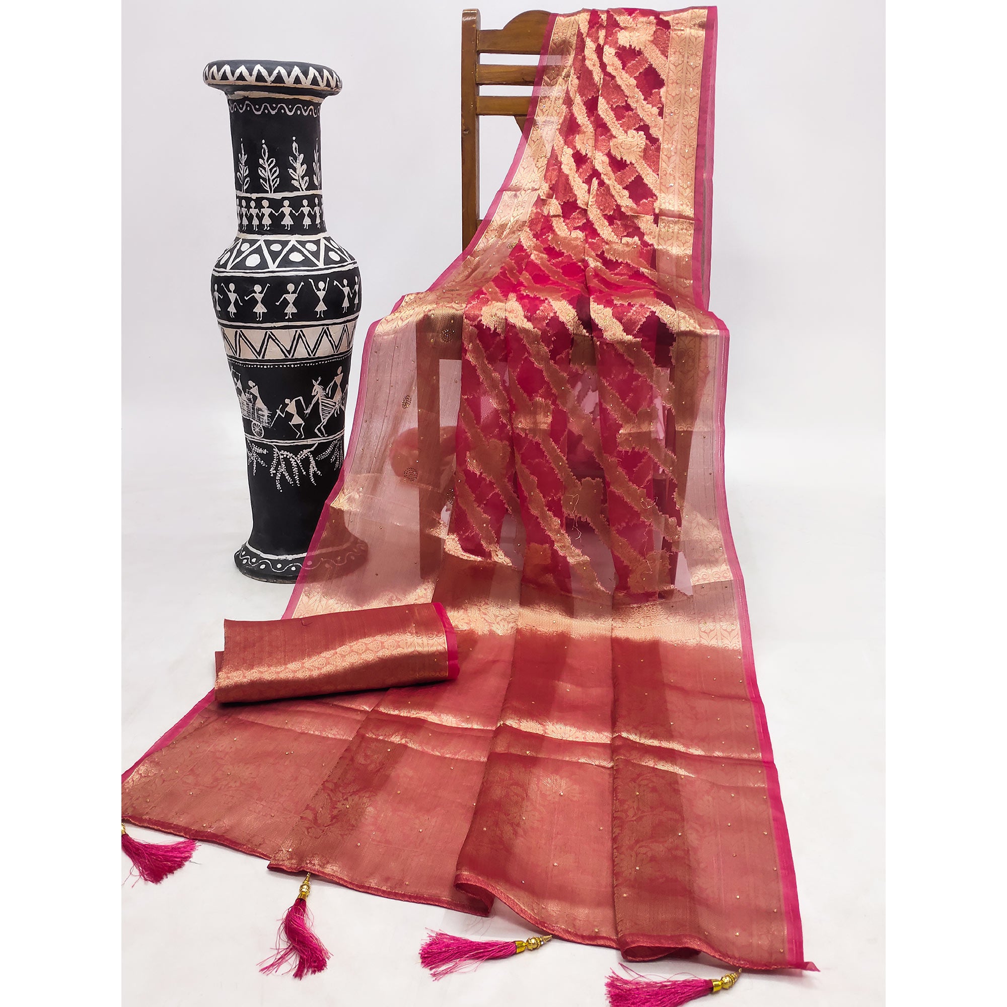 Pink Stone Work Woven Organza Jacquard Saree