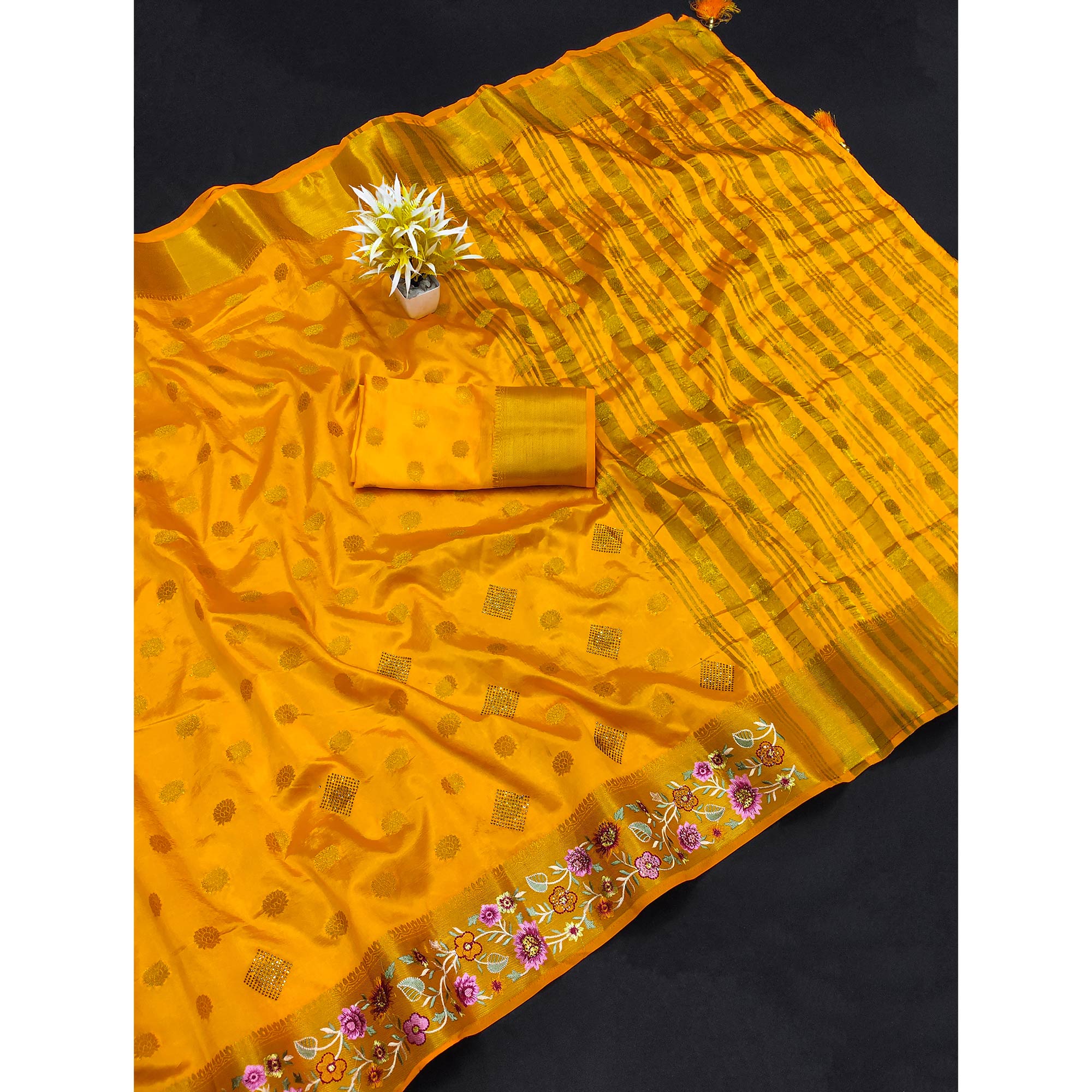 Yellow Zari Woven Jacquard Saree With Embroidery Border