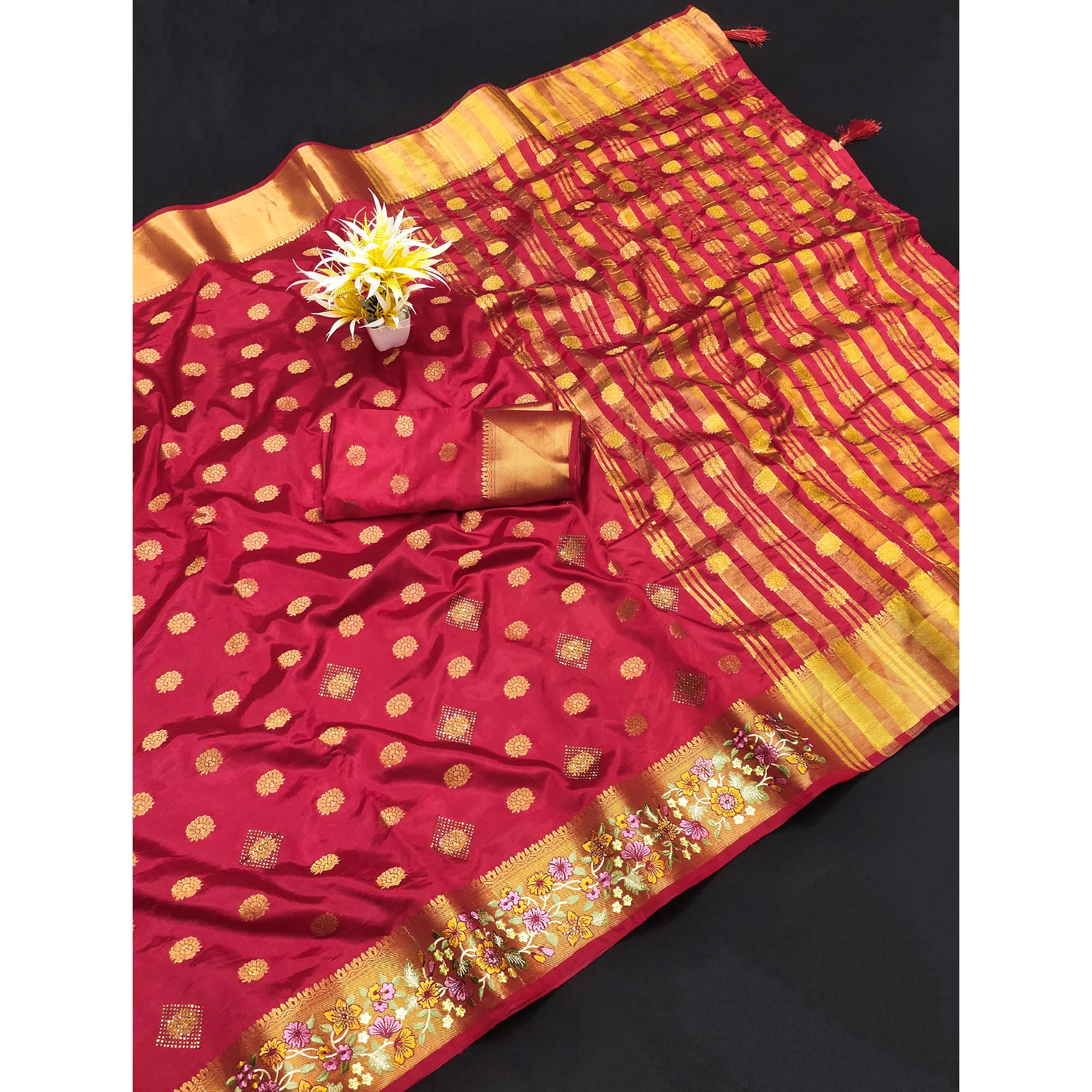 Red Zari Woven Jacquard Saree With Embroidery Border