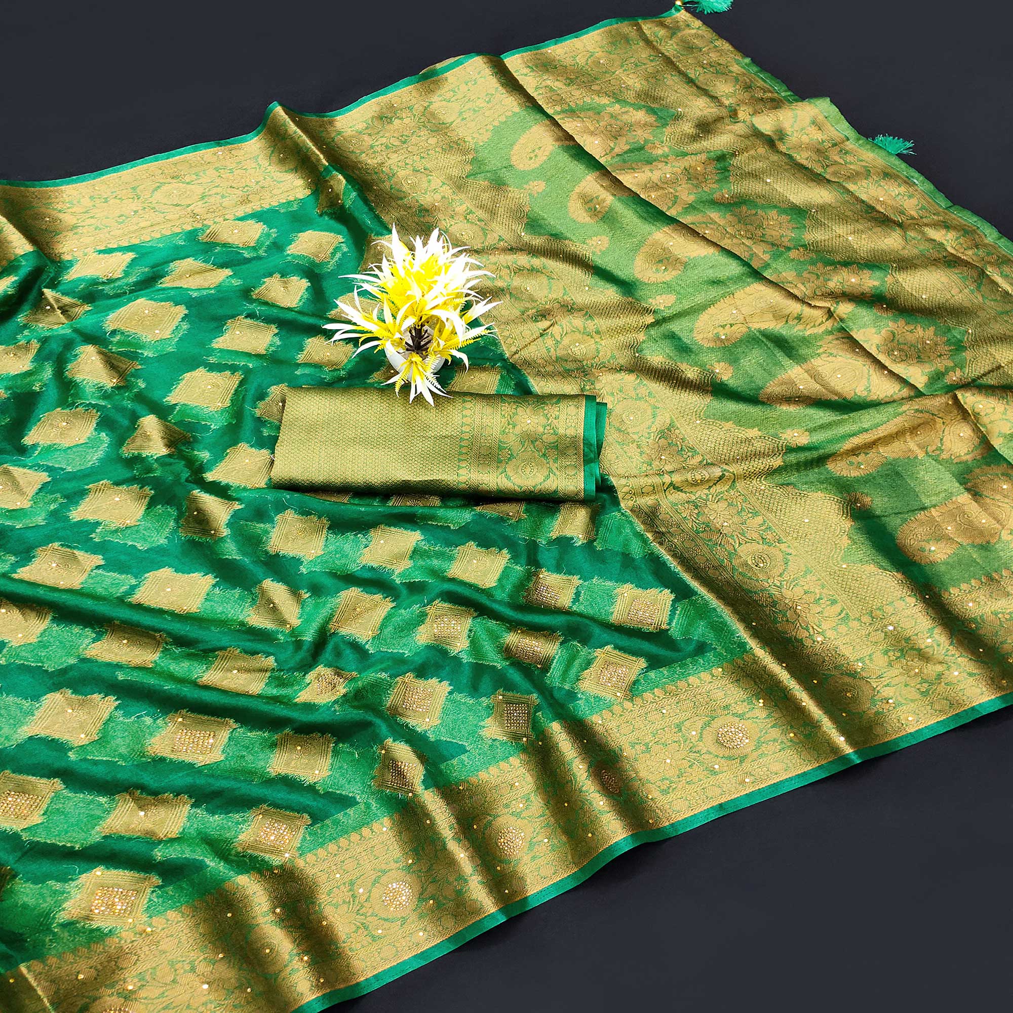 Green Woven With Stonework Organza Jacquard Saree