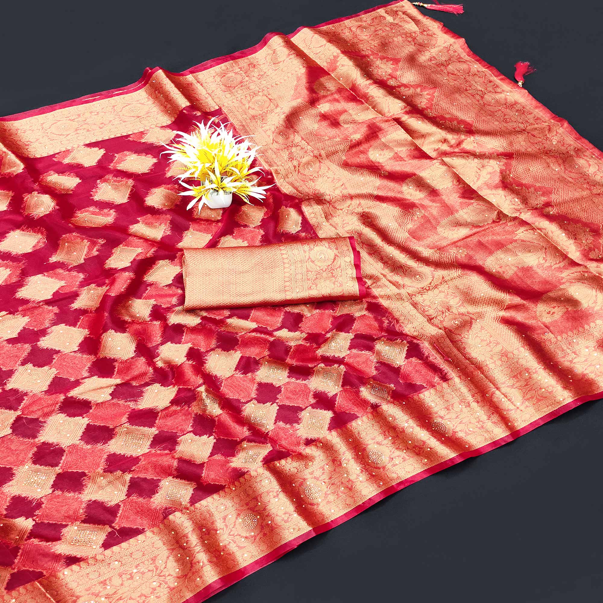 Cherry Red Woven With Stonework Organza Jacquard Saree