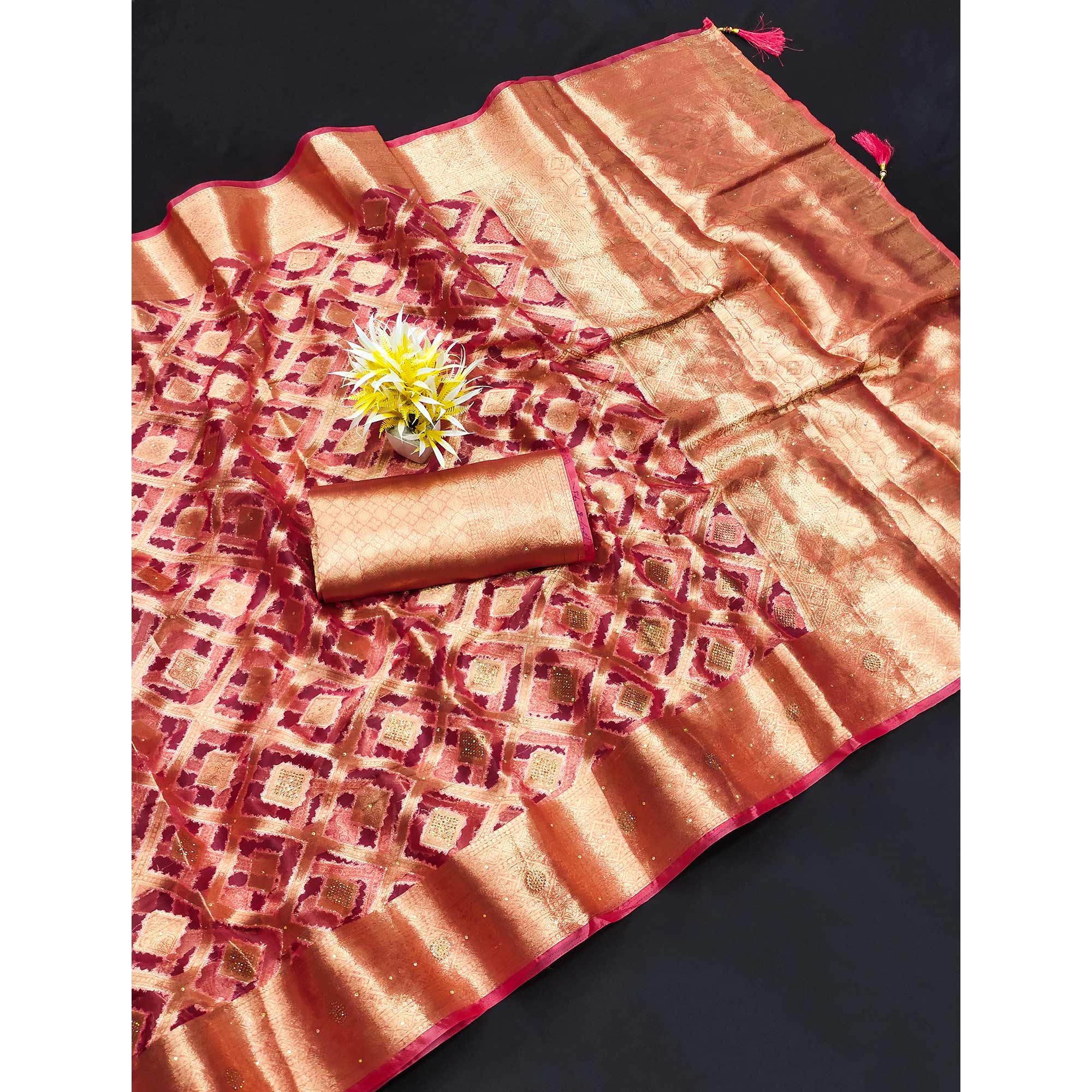 Pink Woven With Stonework Organza Jacquard Saree