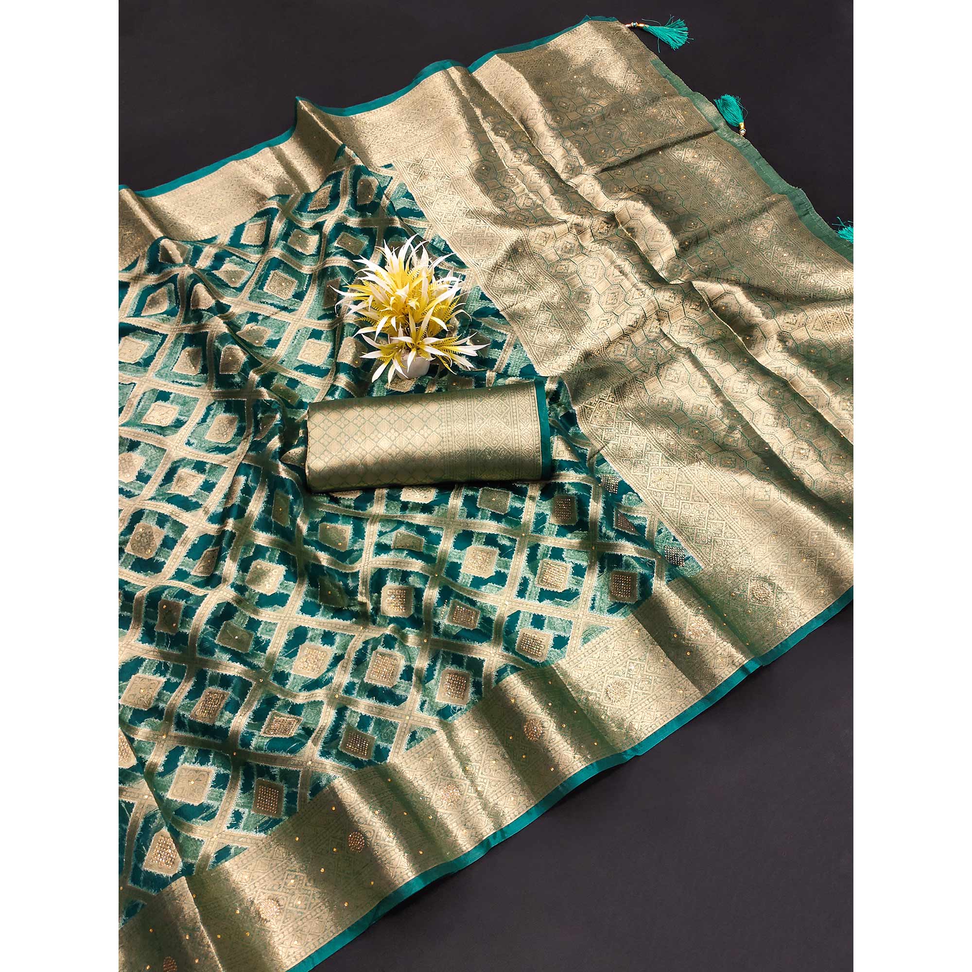 Morpich Green Woven With Stonework Organza Jacquard Saree