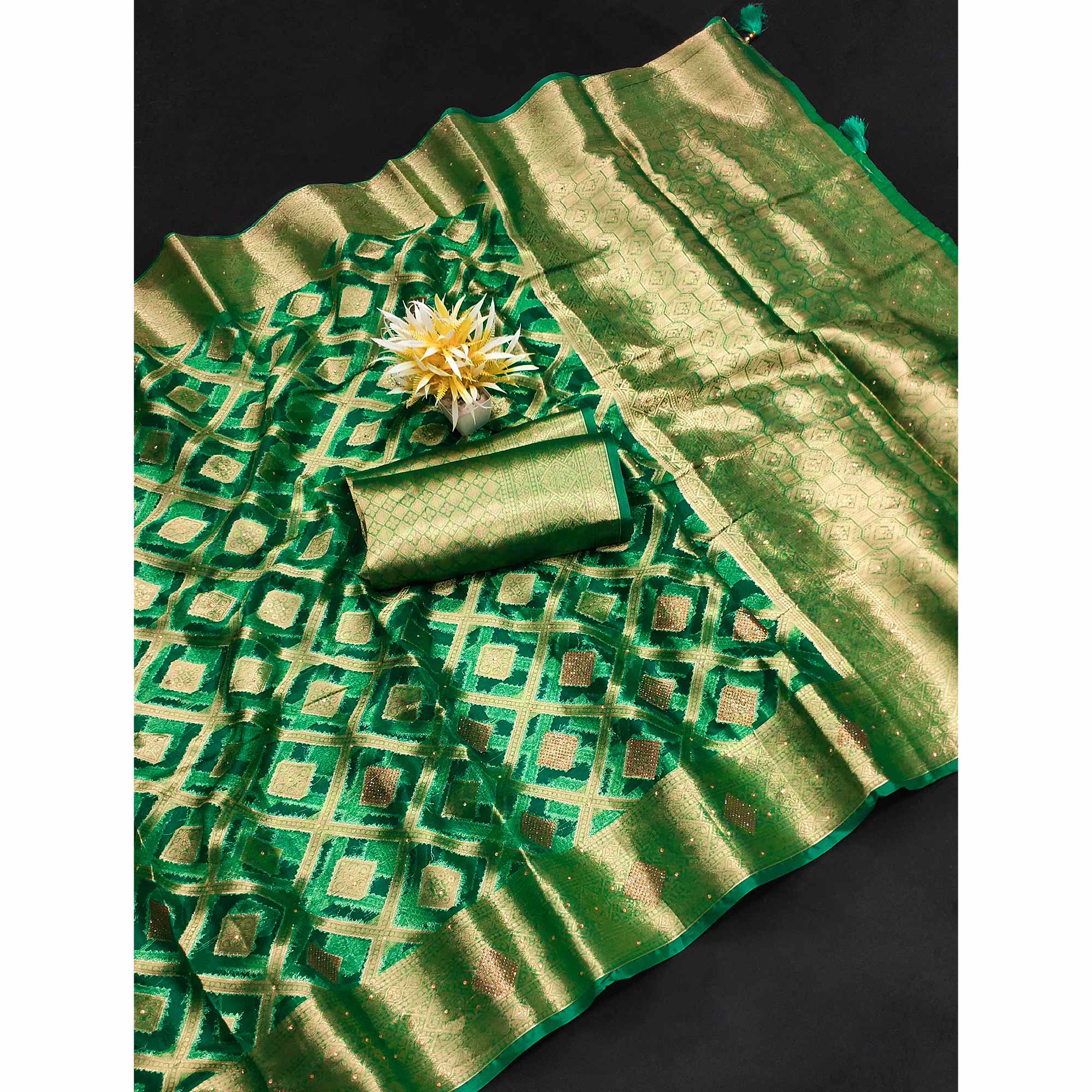 Green Woven With Stonework Organza Jacquard Saree