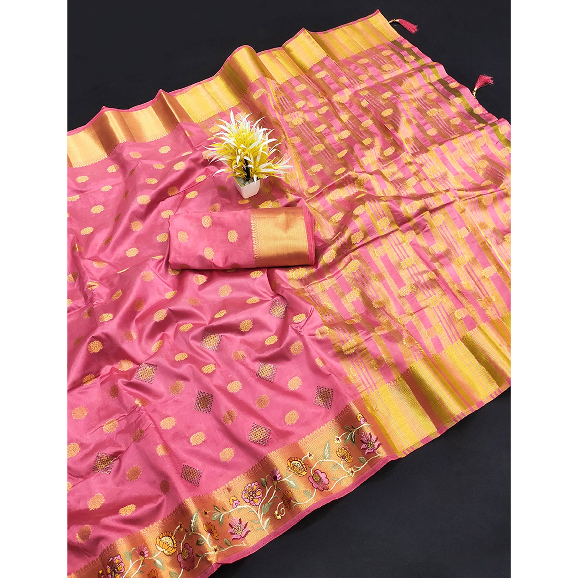 Pink Zari Woven Jacquard Saree With Embroidery Border