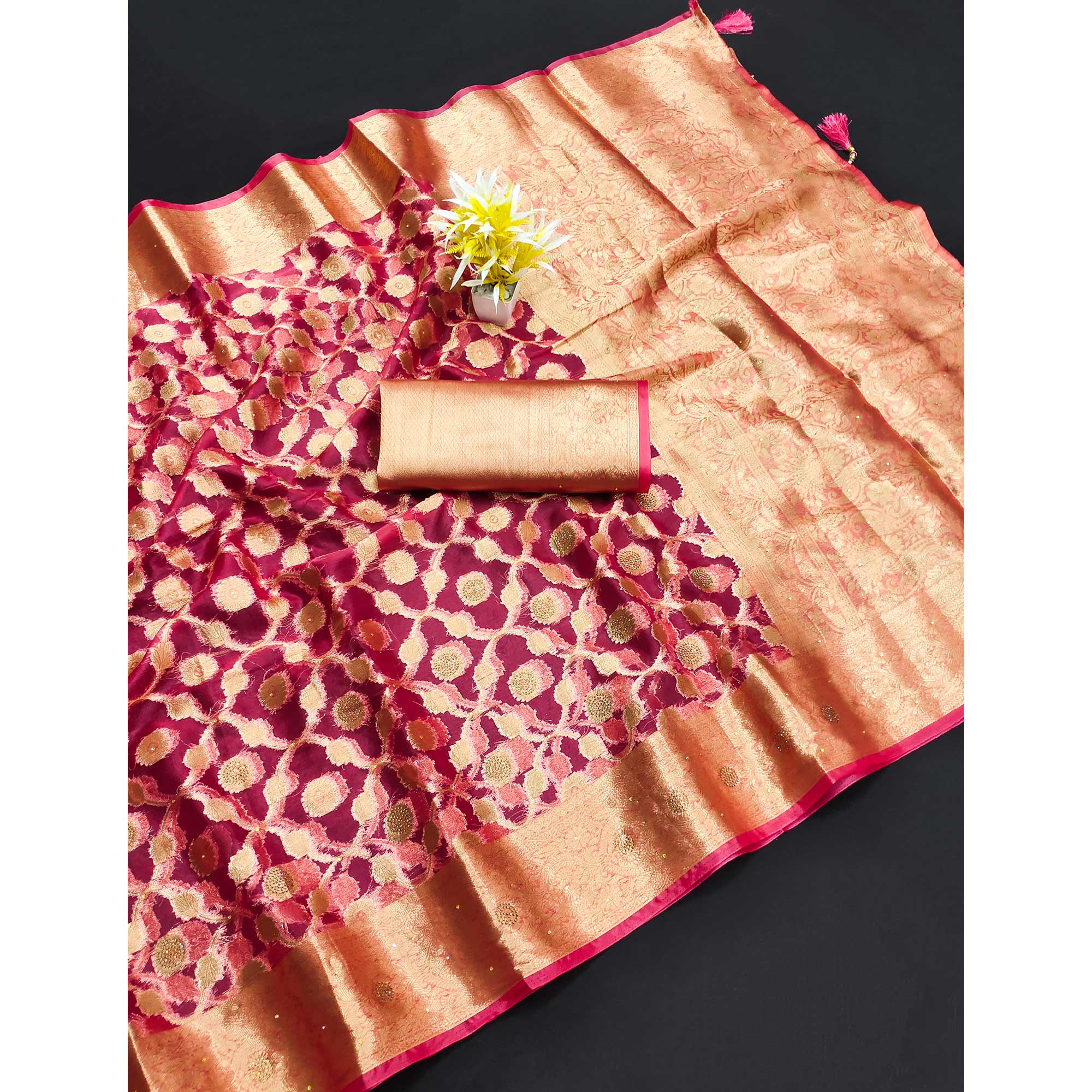 Pink Stone Work Woven Organza Jacquard Saree