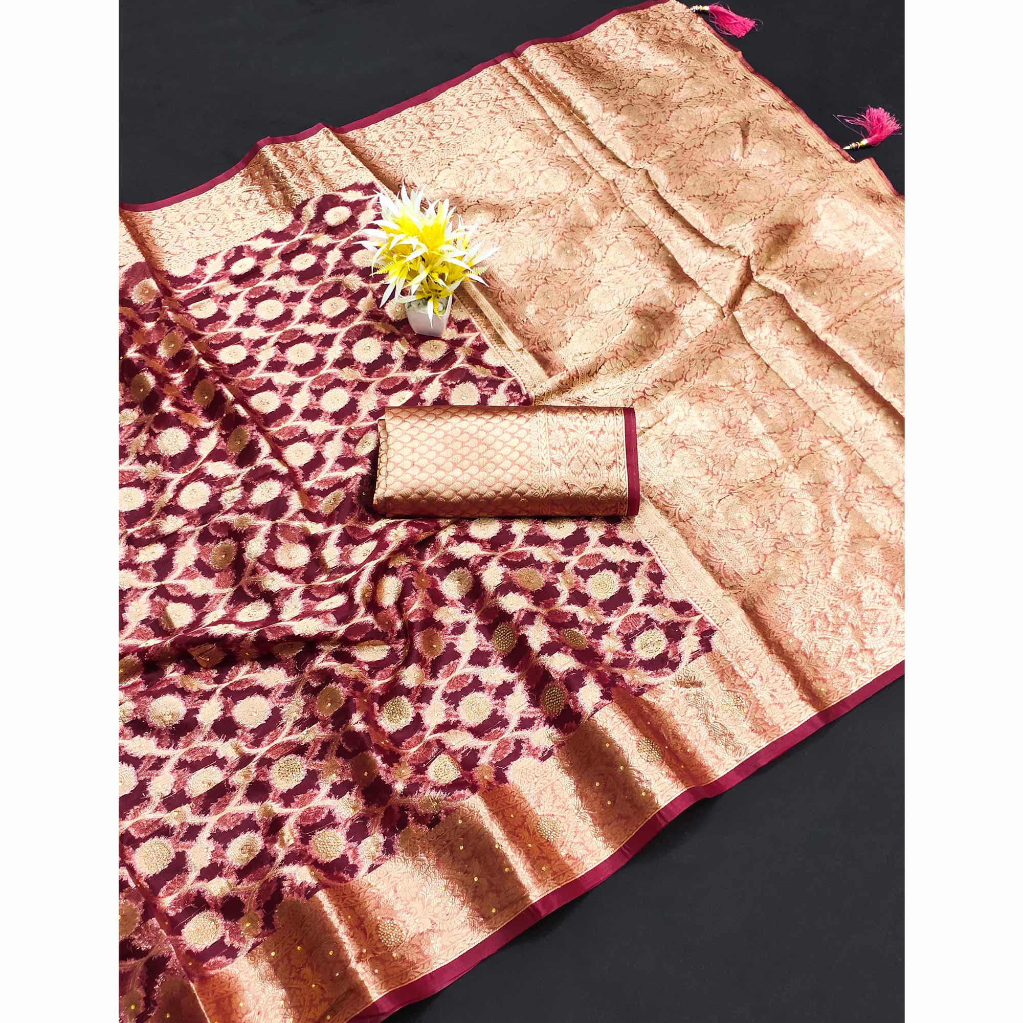 Wine Stone Work Woven Organza Jacquard Saree