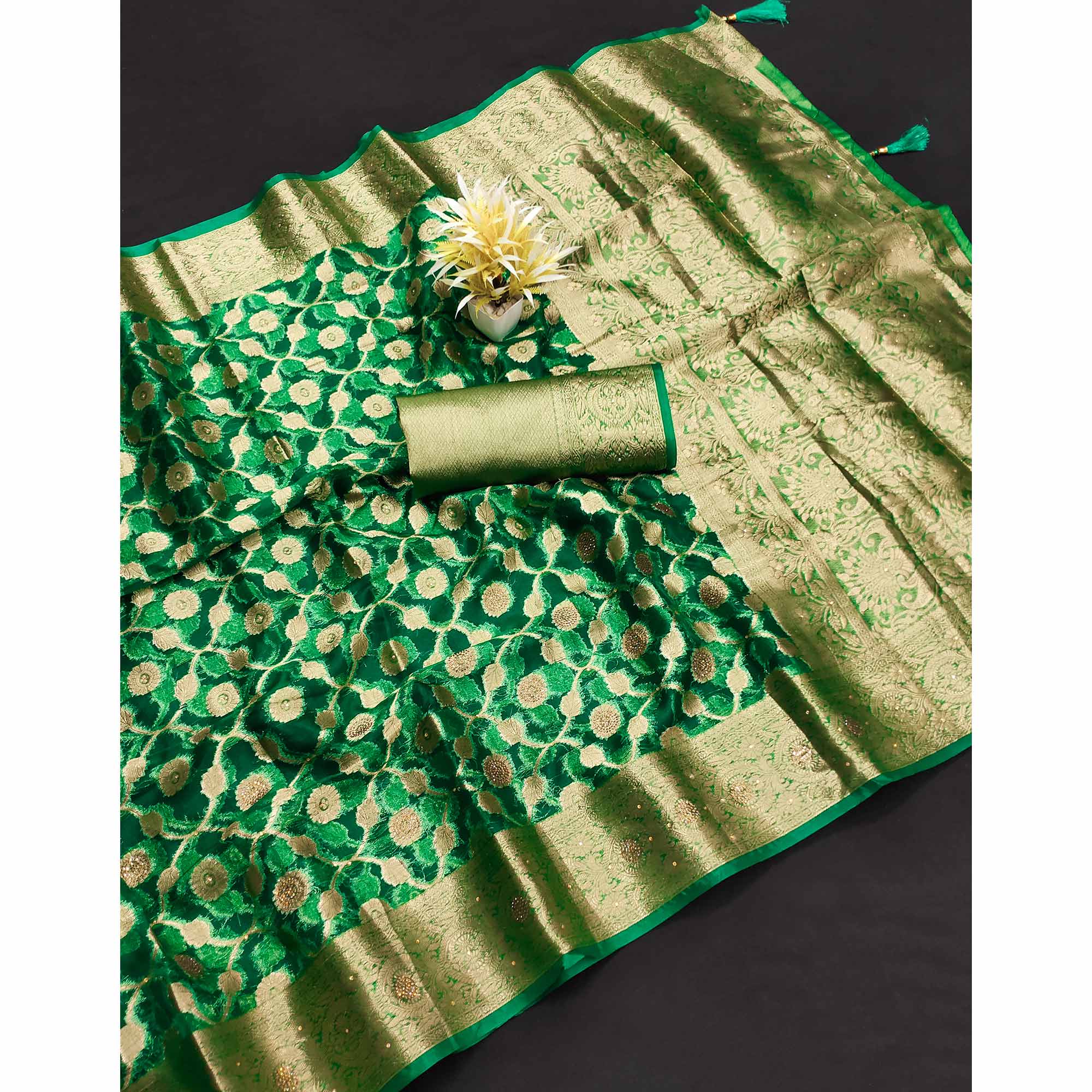 Green Stone Work Woven Organza Jacquard Saree
