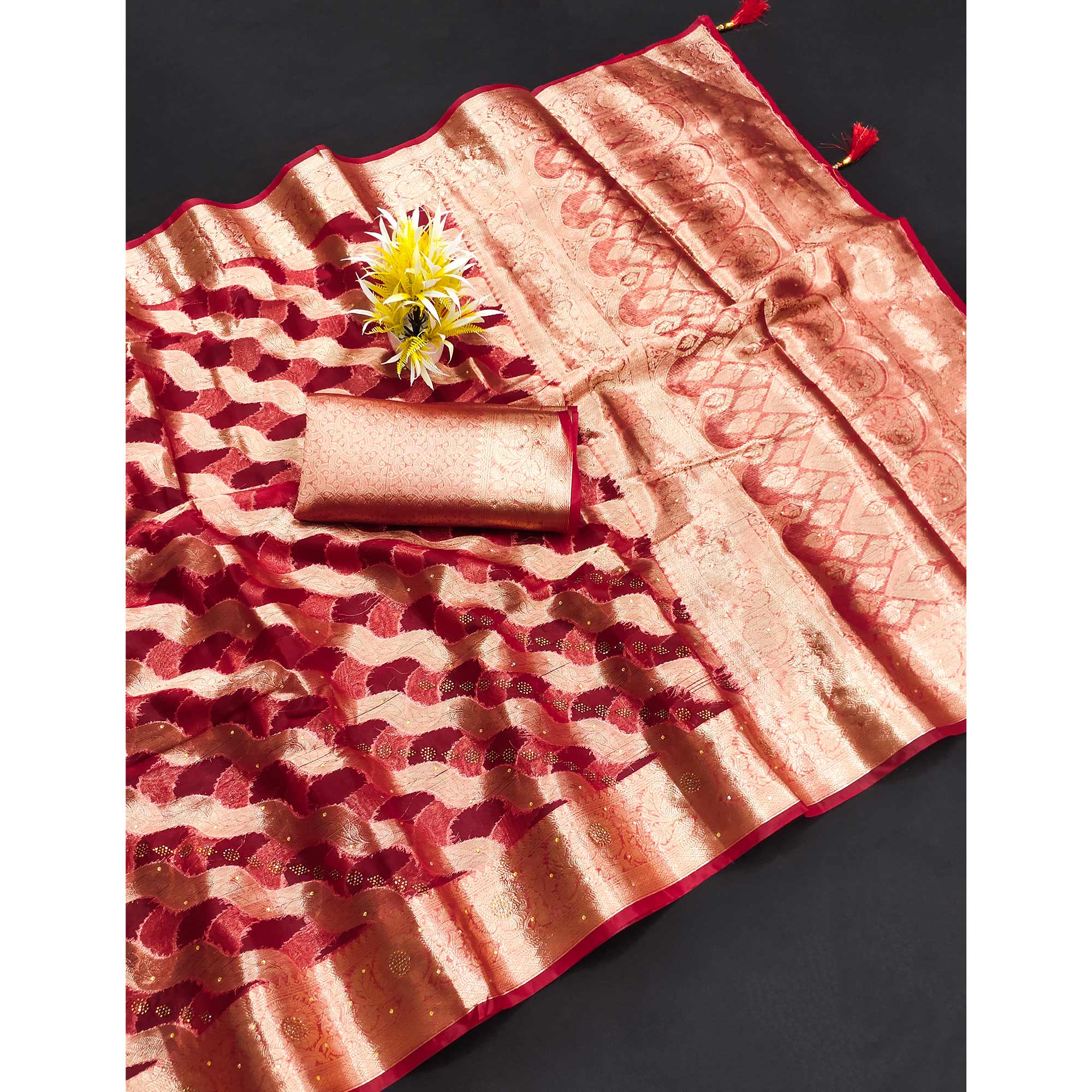 Wine Stone Work Woven Organza Jacquard Saree