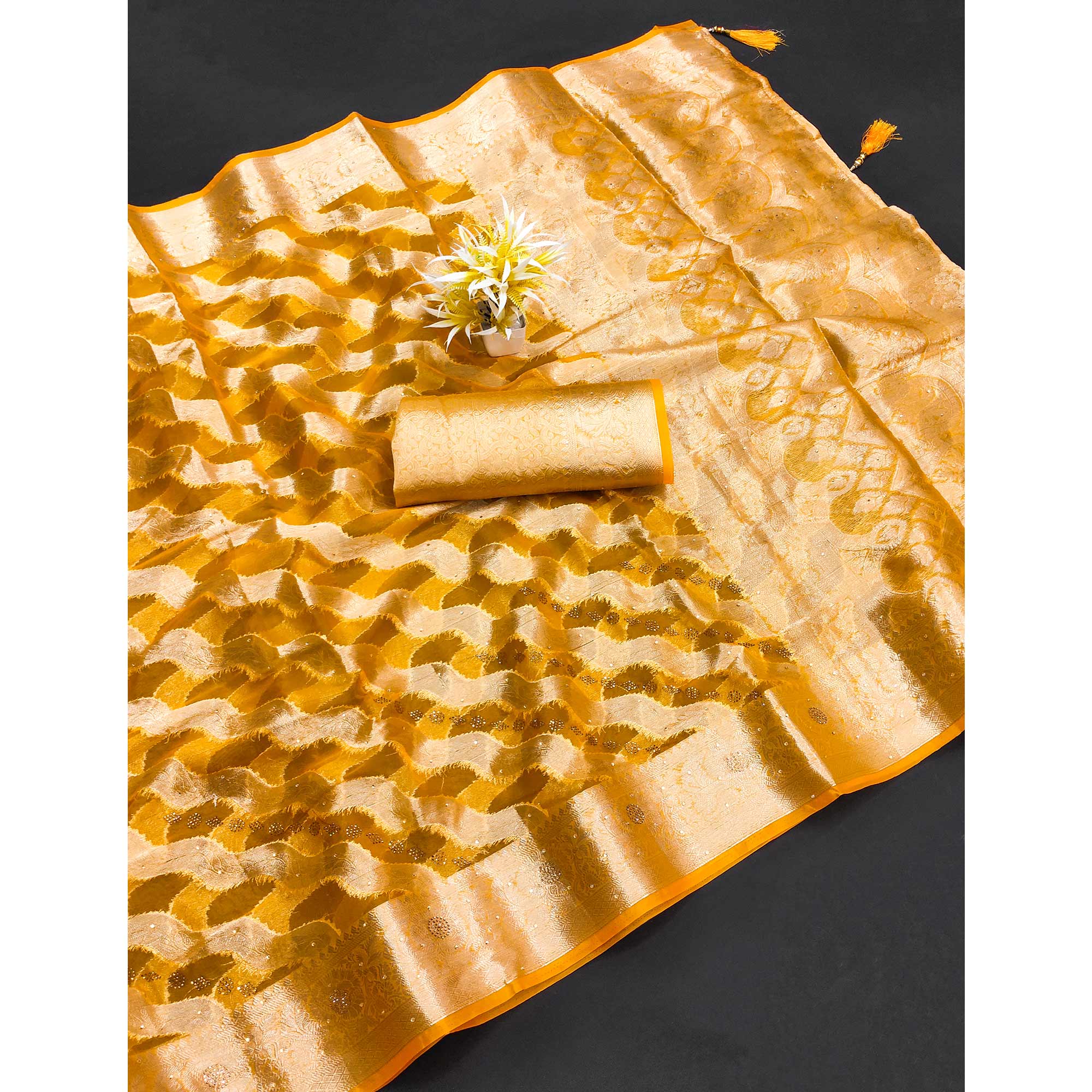 Yellow Stone Work Woven Organza Jacquard Saree