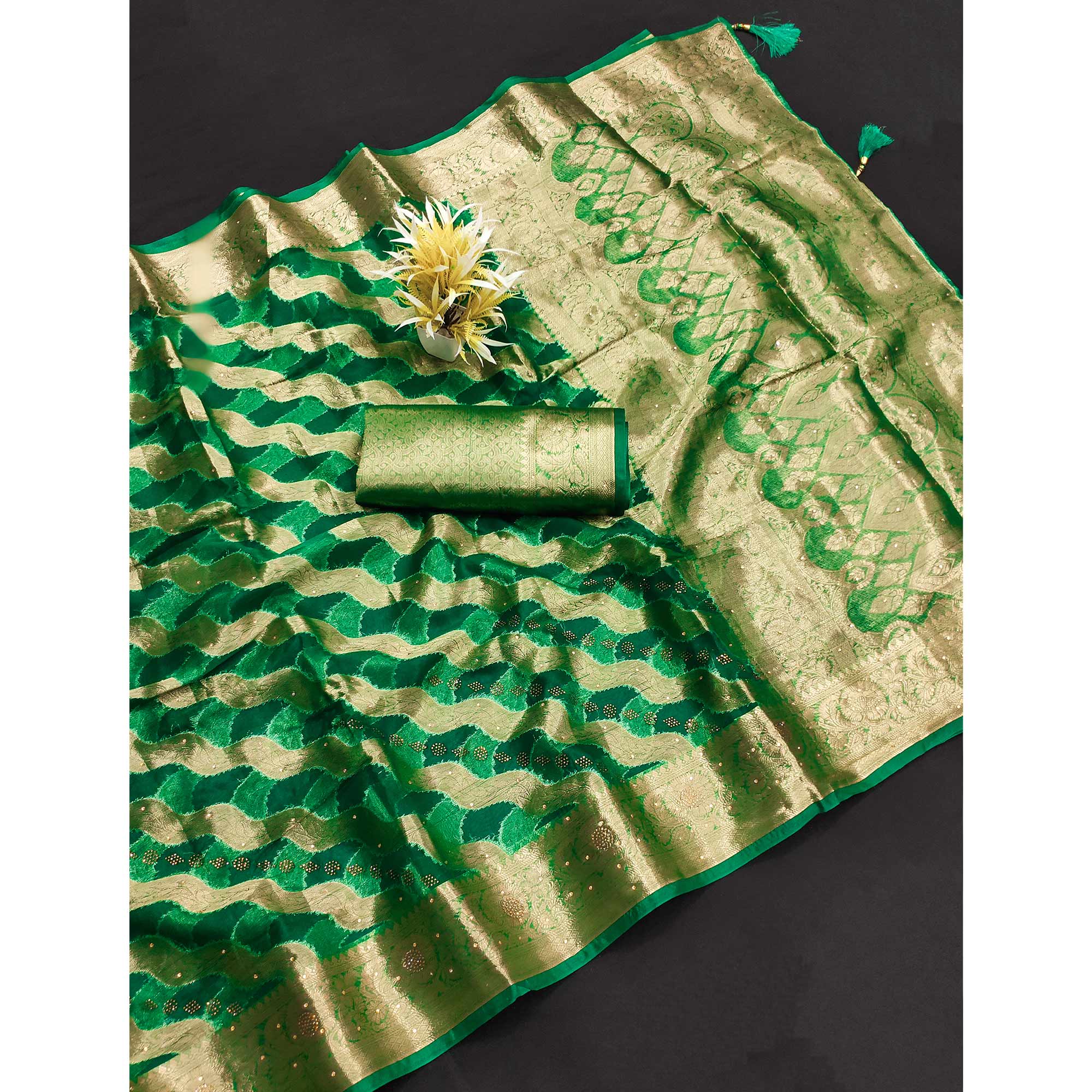 Green Stone Work Woven Organza Jacquard Saree