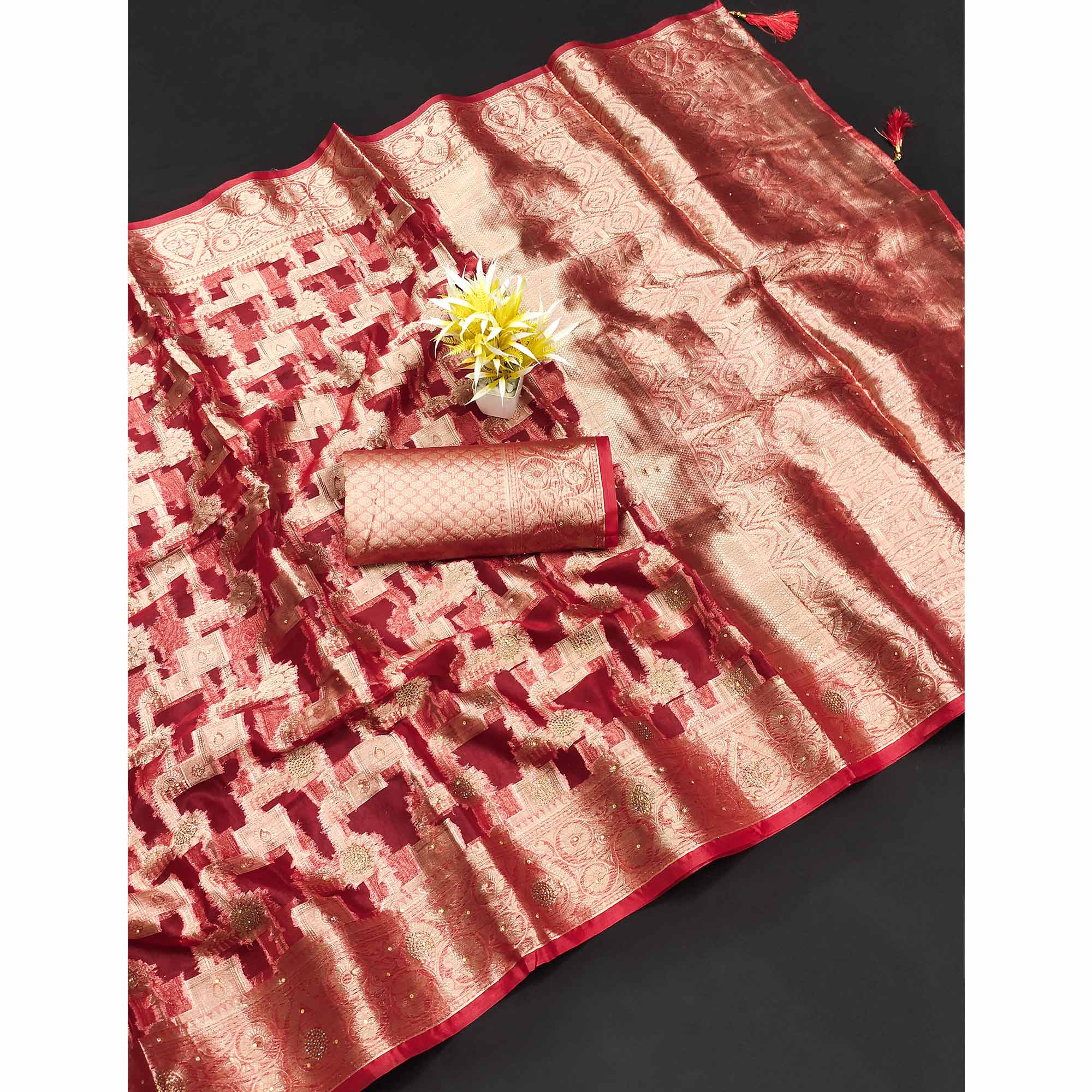 Red Stone Work Woven Organza Jacquard Saree